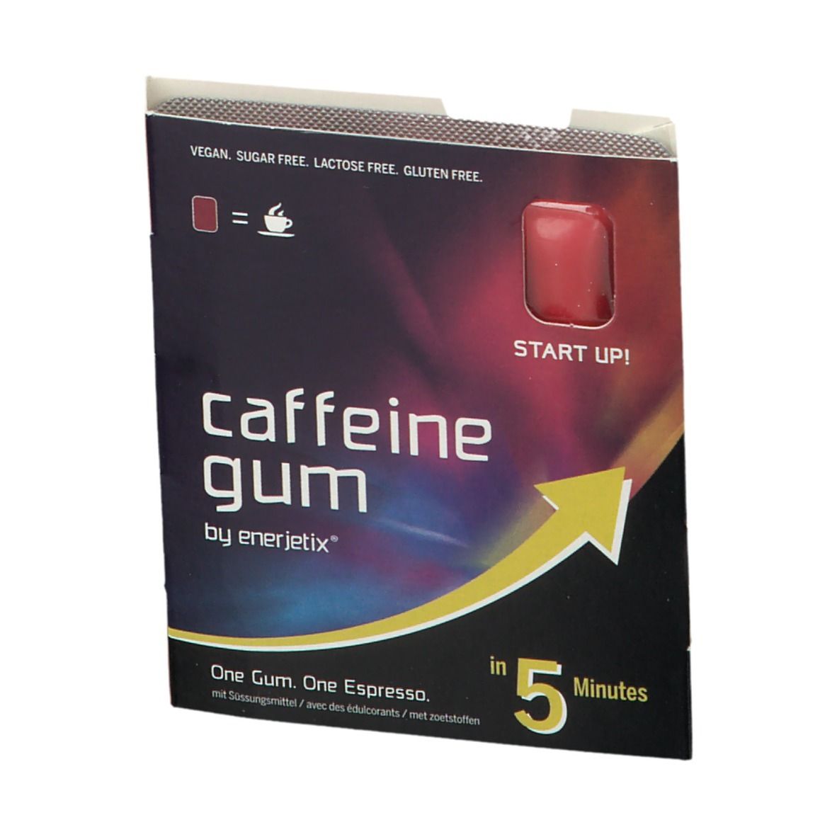 Doosje kauwgom. Opschrift: Caffeine Gum by Enerjetix. Rode kauwgom zichtbaar. Vegan, suikervrij, lactosevrij, glutenvrij.