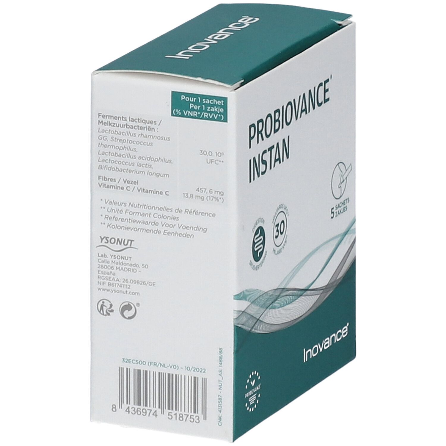 Zijaanzicht van de verpakking Inovance Probiovance Instant. Bevat informatie over ingrediënten en voedingswaarde.