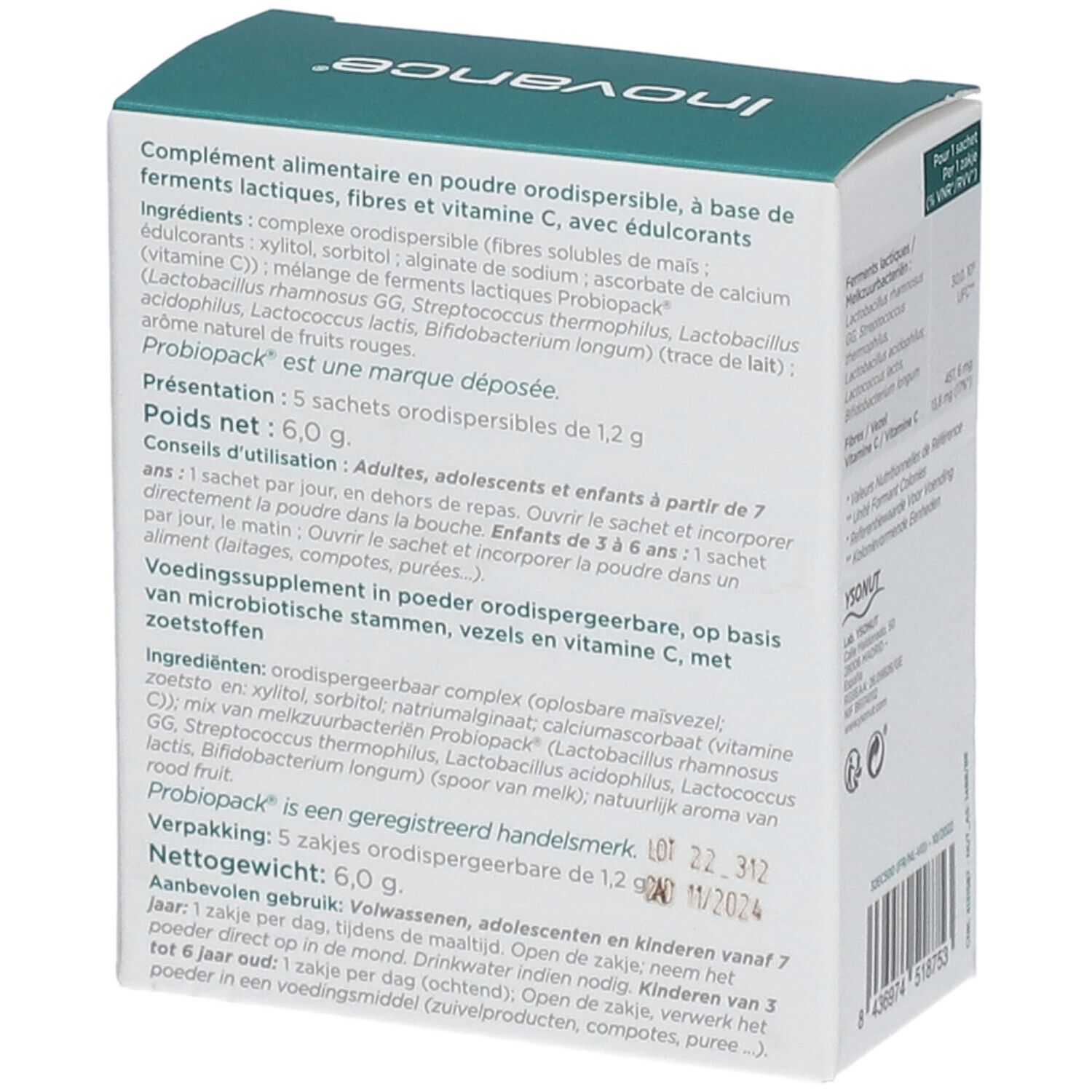 Achterkant van de verpakking Inovance Probiovance Instant. Bevat informatie over ingrediënten en gebruik.