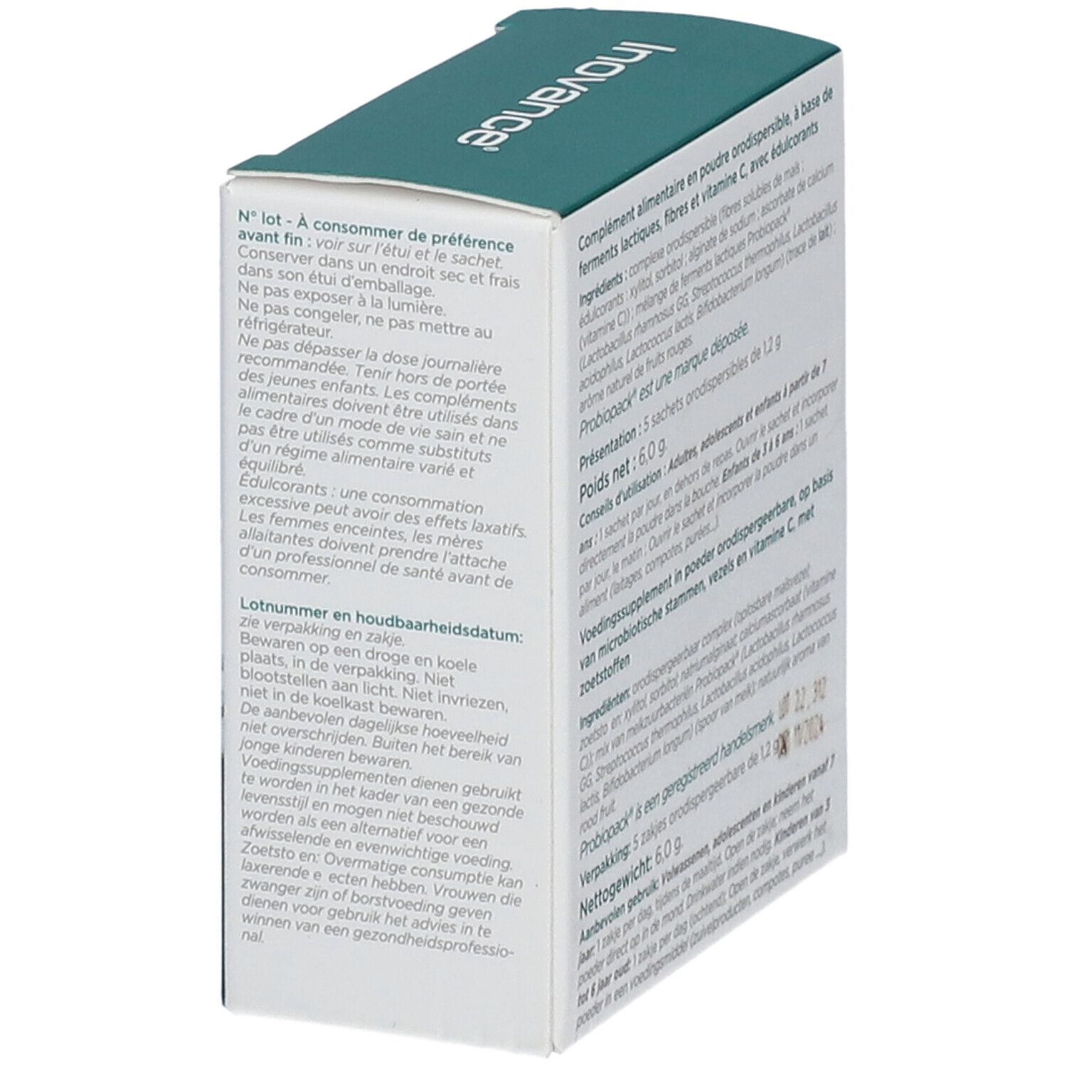 Detail van de verpakking Inovance Probiovance Instant. Bevat informatie over houdbaarheid en opslag.