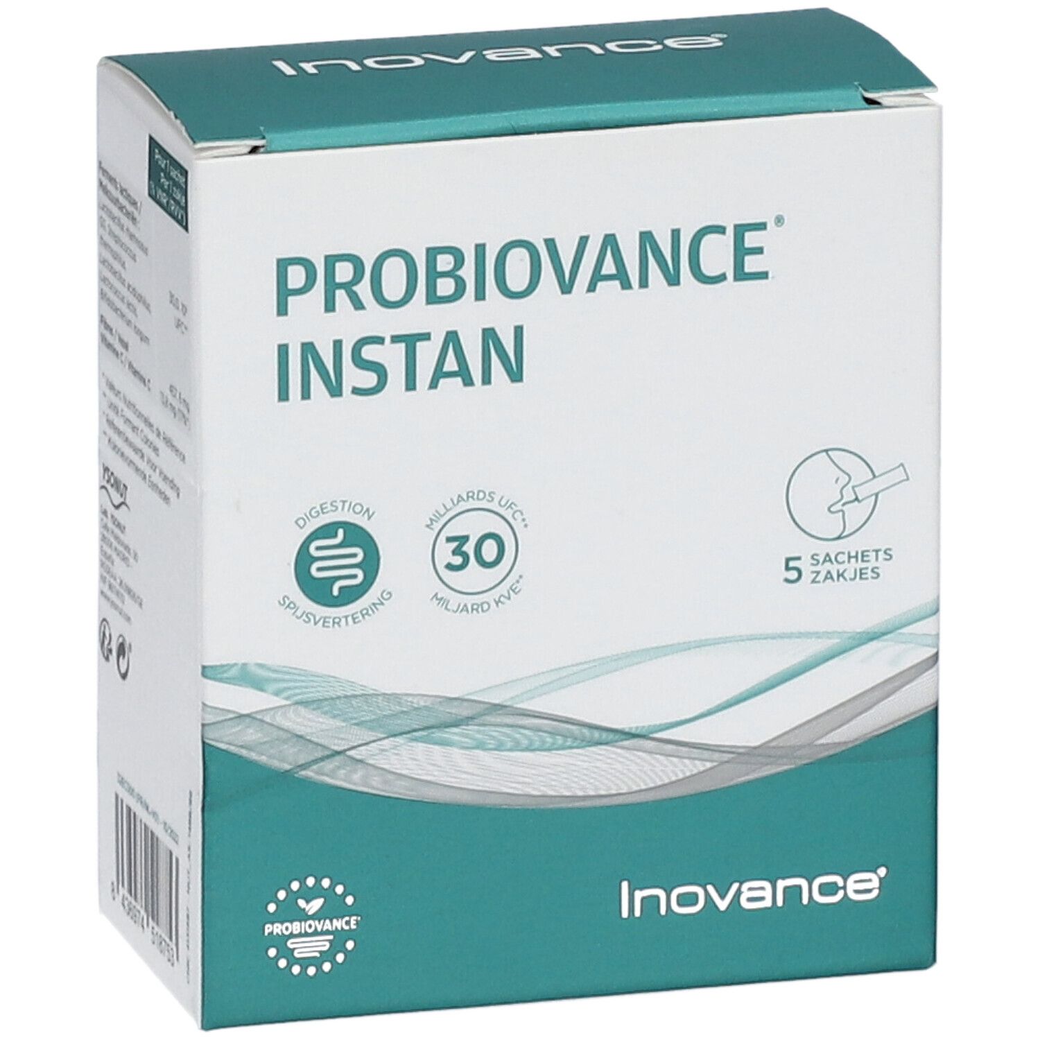 Schuine weergave van de verpakking Inovance Probiovance Instant. Toont productnaam, logo en belangrijke informatie.