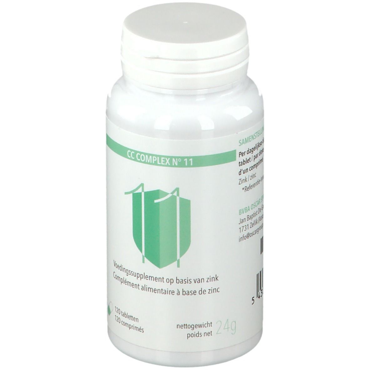 Witte fles met groen etiket. Opschrift: CC COMPLEX N° 11. Bevat 120 tabletten. Nettogewicht 24g.