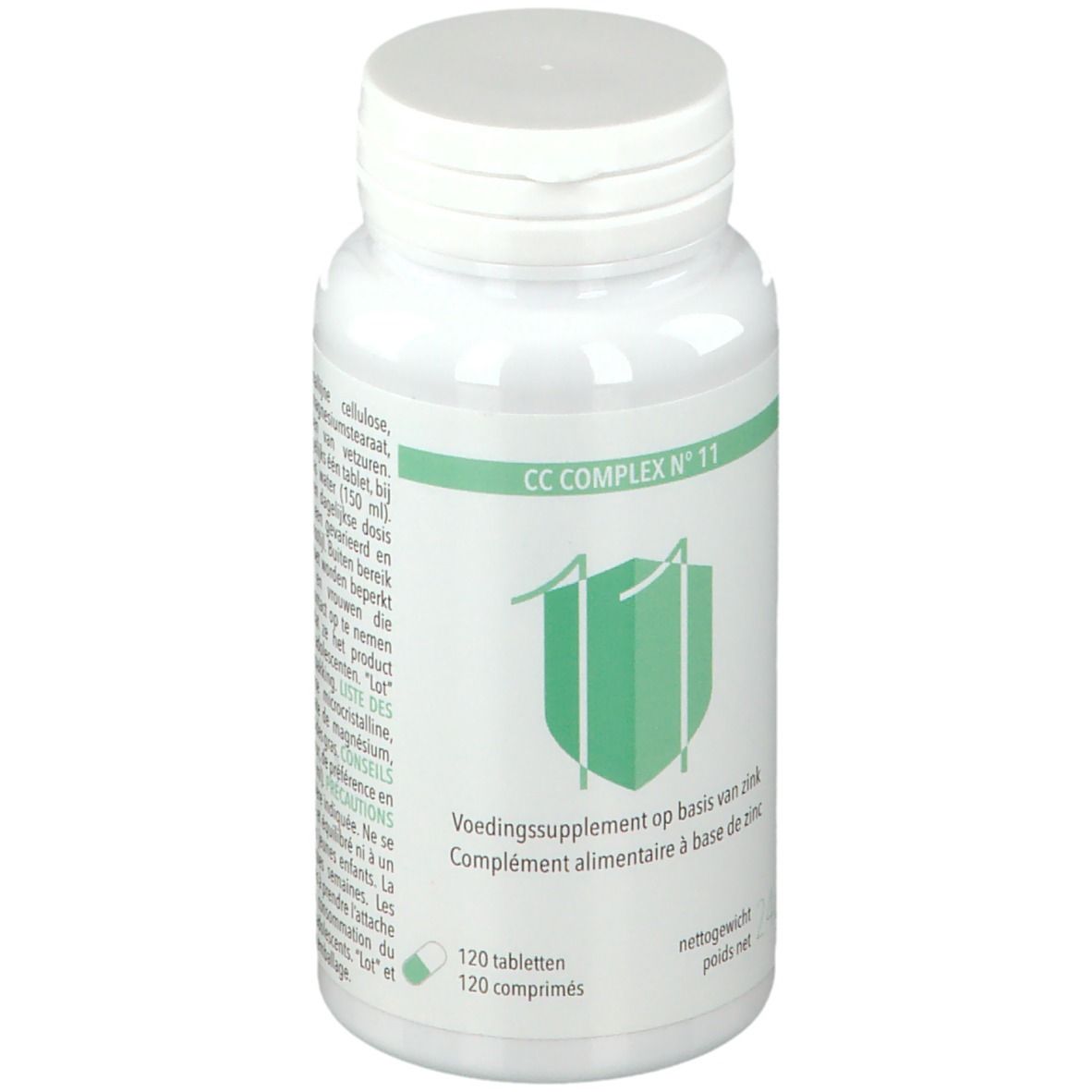 Witte fles met groen etiket. Opschrift: CC COMPLEX N° 11. Bevat 120 tabletten. Nettogewicht 24g.