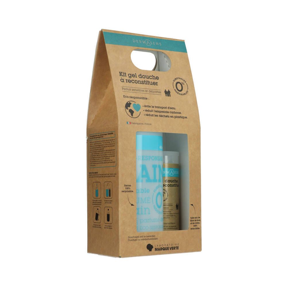 Emballage en carton avec fenêtre. Contient une bouteille bleue et un tube. Texte : Kit gel douche à reconstituer.