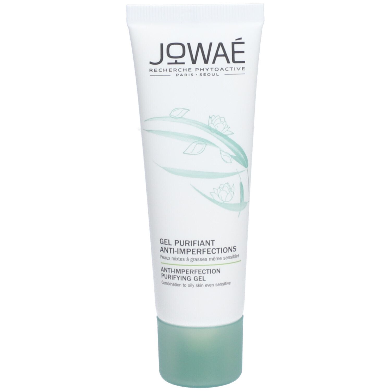 Tube blanc et vert avec nom du produit et motif floral. Texte: Gel Purifiant Anti-Imperfections.