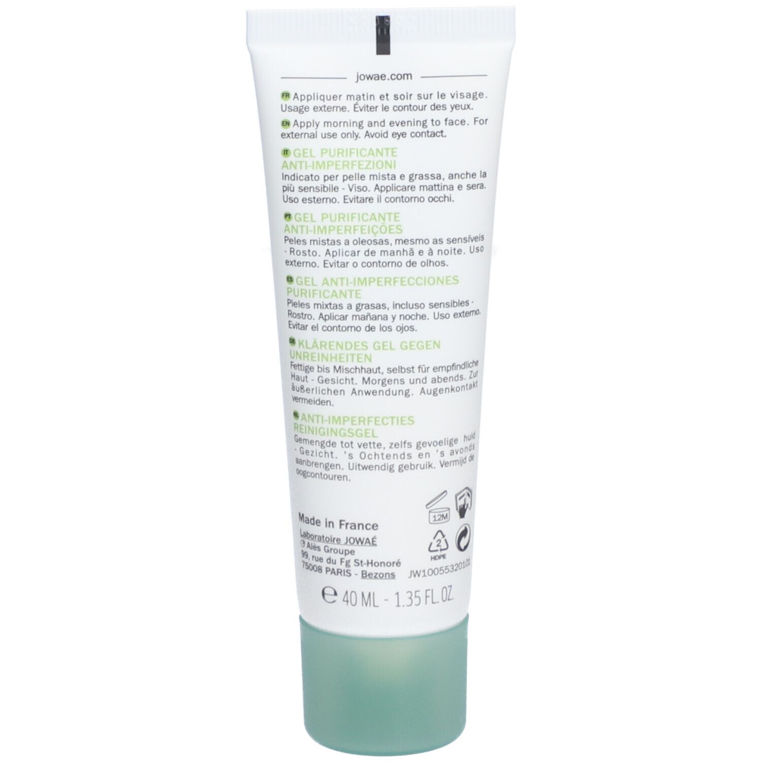 Dos du tube. Texte multilingue: instructions d'utilisation, ingrédients, informations fabricant.