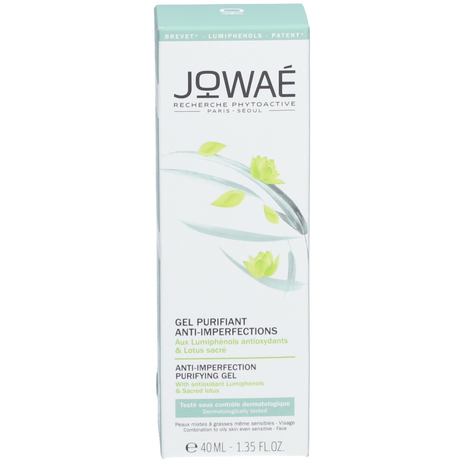 Emballage du produit, boîte rectangulaire. Nom du produit, logo et motif floral. Texte: Gel Purifiant Anti-Imperfections.