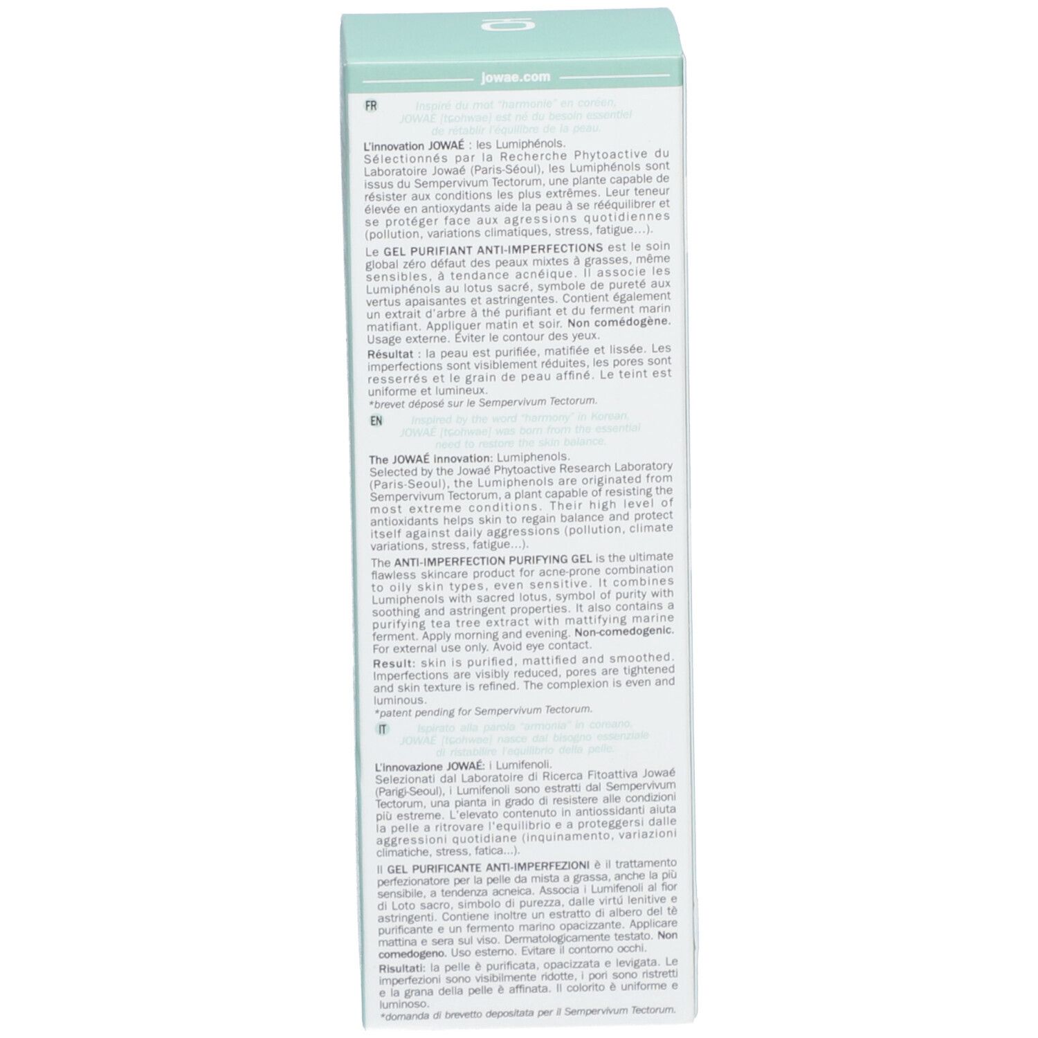 Côté de l'emballage du produit. Texte multilingue: description du produit, instructions d'utilisation.