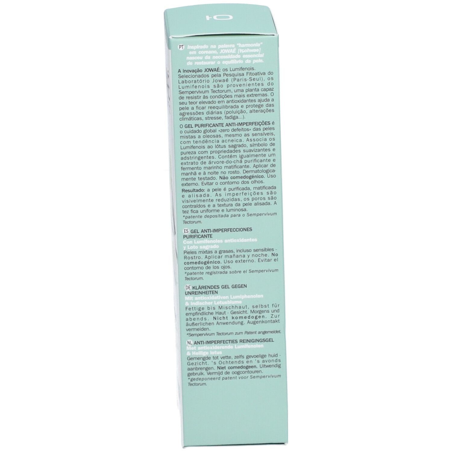 Côté de l'emballage du produit. Texte multilingue: description du produit, instructions d'utilisation.