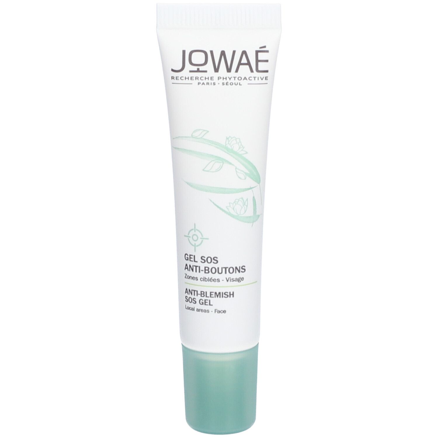 Tube blanc, bouchon vert. Inscriptions: Jowaé, Gel SOS Anti-Boutons, Anti-Blemish SOS Gel. Motif floral.