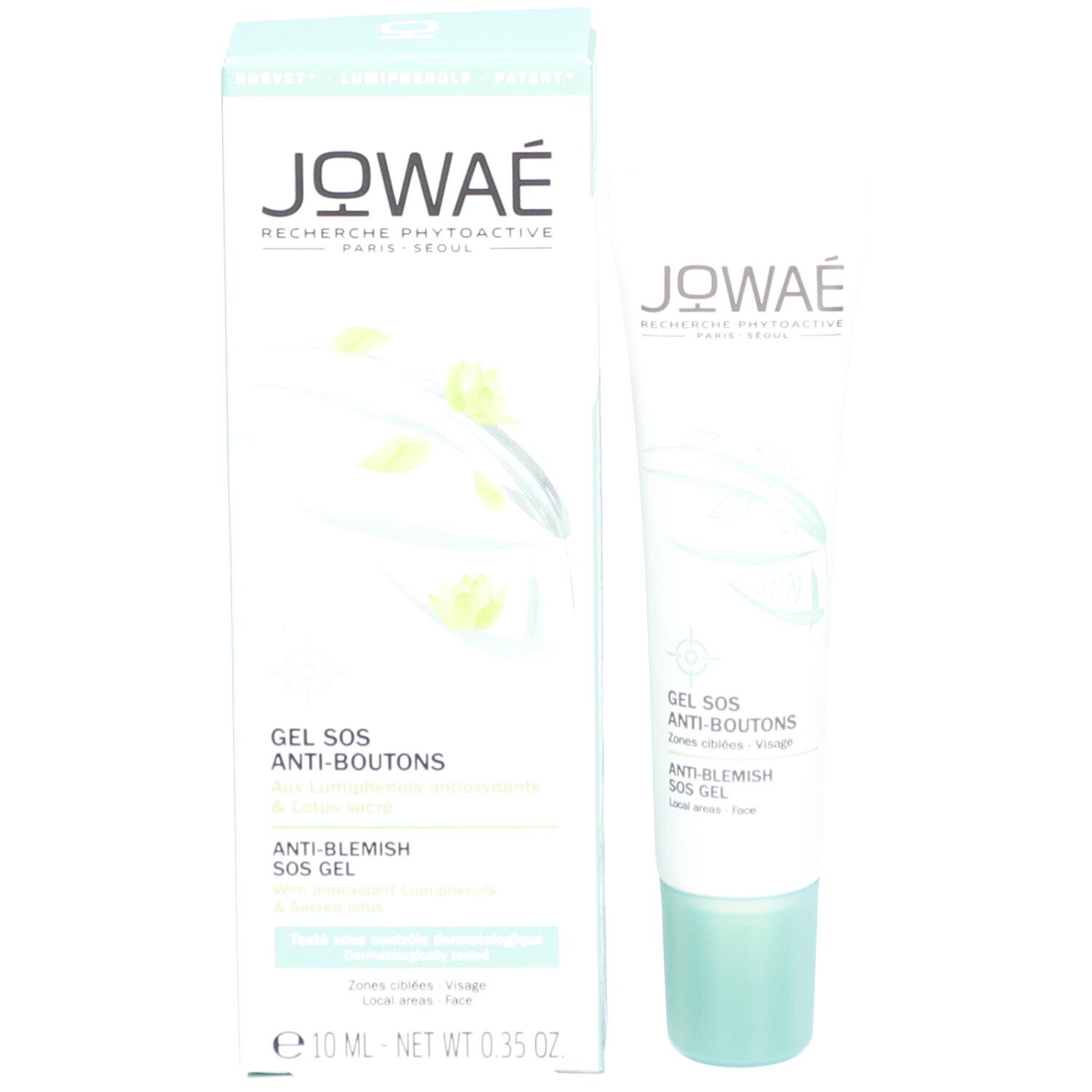 Emballage et tube. Emballage: blanc et vert. Tube: blanc, bouchon vert. Inscriptions: Jowaé, Gel SOS Anti-Boutons.