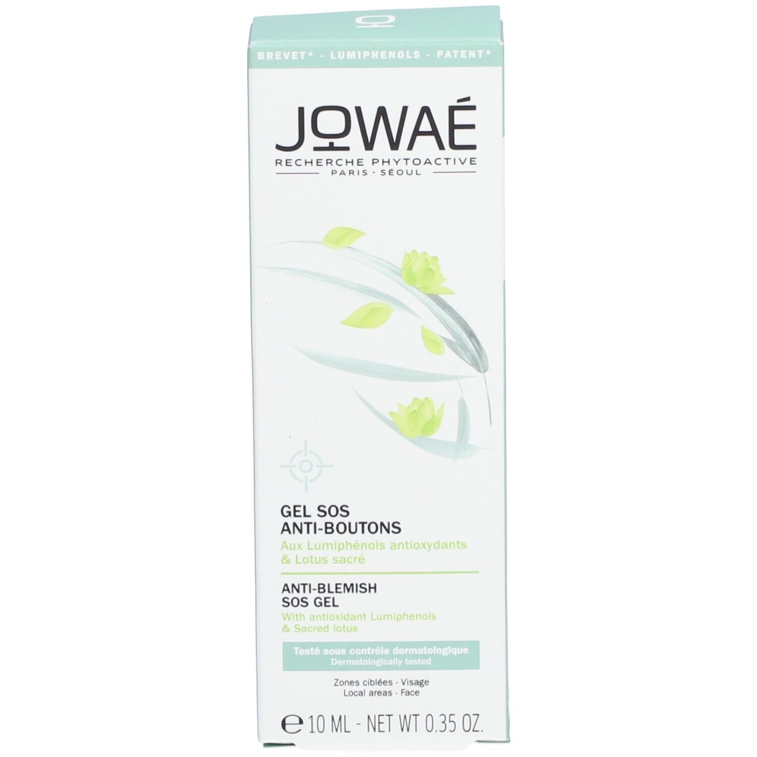 Emballage du produit. Blanc et vert. Inscriptions: Jowaé, Gel SOS Anti-Boutons, Anti-Blemish SOS Gel. Motif floral.