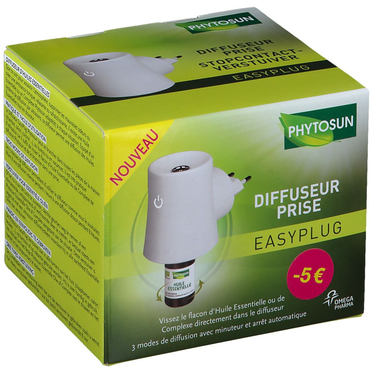 Boîte du diffuseur prise. Appareil blanc avec prise, flacon. Texte : "PHYTSOSUN", "EASYPLUG", "-5 €".