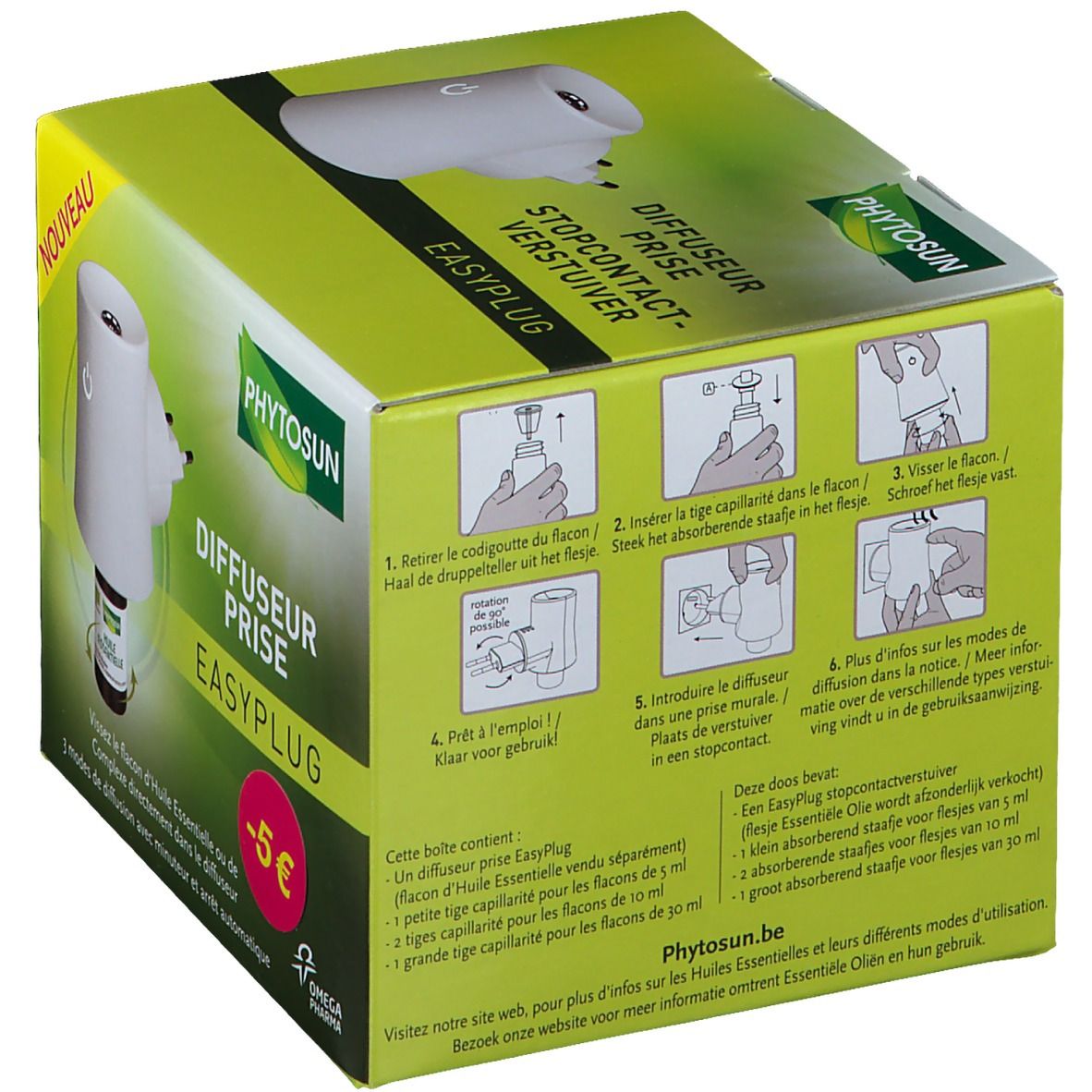 Boîte du diffuseur prise. Illustrations d'utilisation. Texte : "PHYTSOSUN", "EASYPLUG", "-5 €".