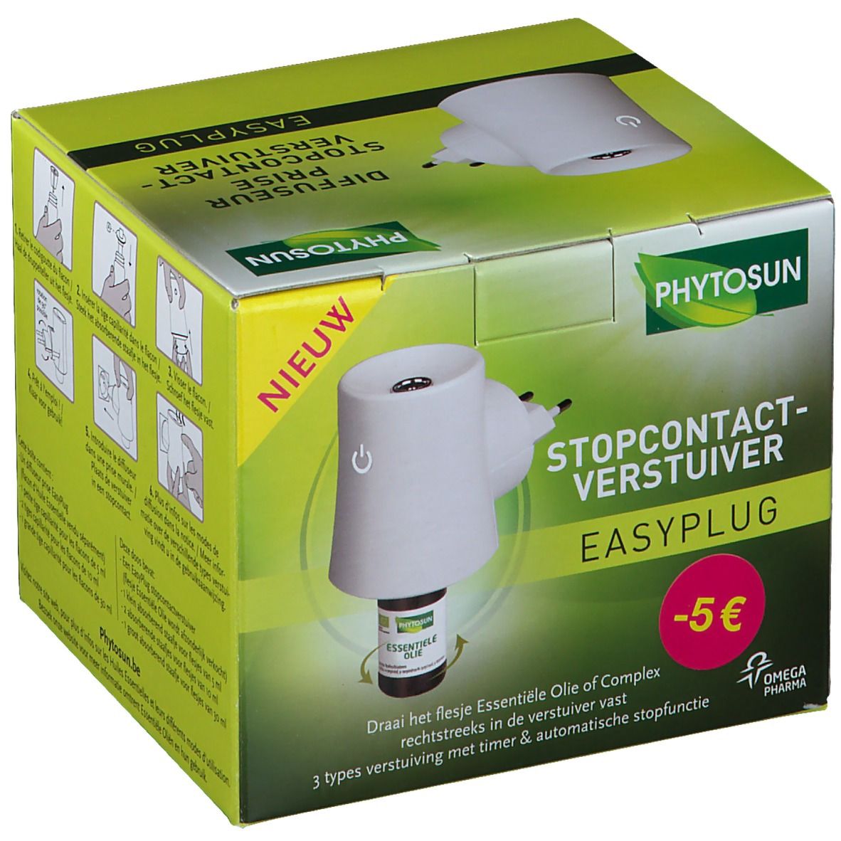 Boîte du diffuseur prise. Appareil blanc avec prise, flacon. Texte : "PHYTSOSUN", "EASYPLUG", "-5 €".