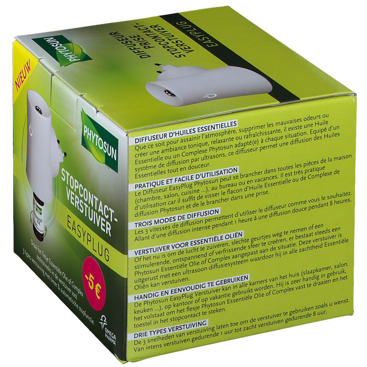 Boîte du diffuseur prise. Texte : "PHYTSOSUN", "EASYPLUG", "-5 €". Description de l'utilisation.