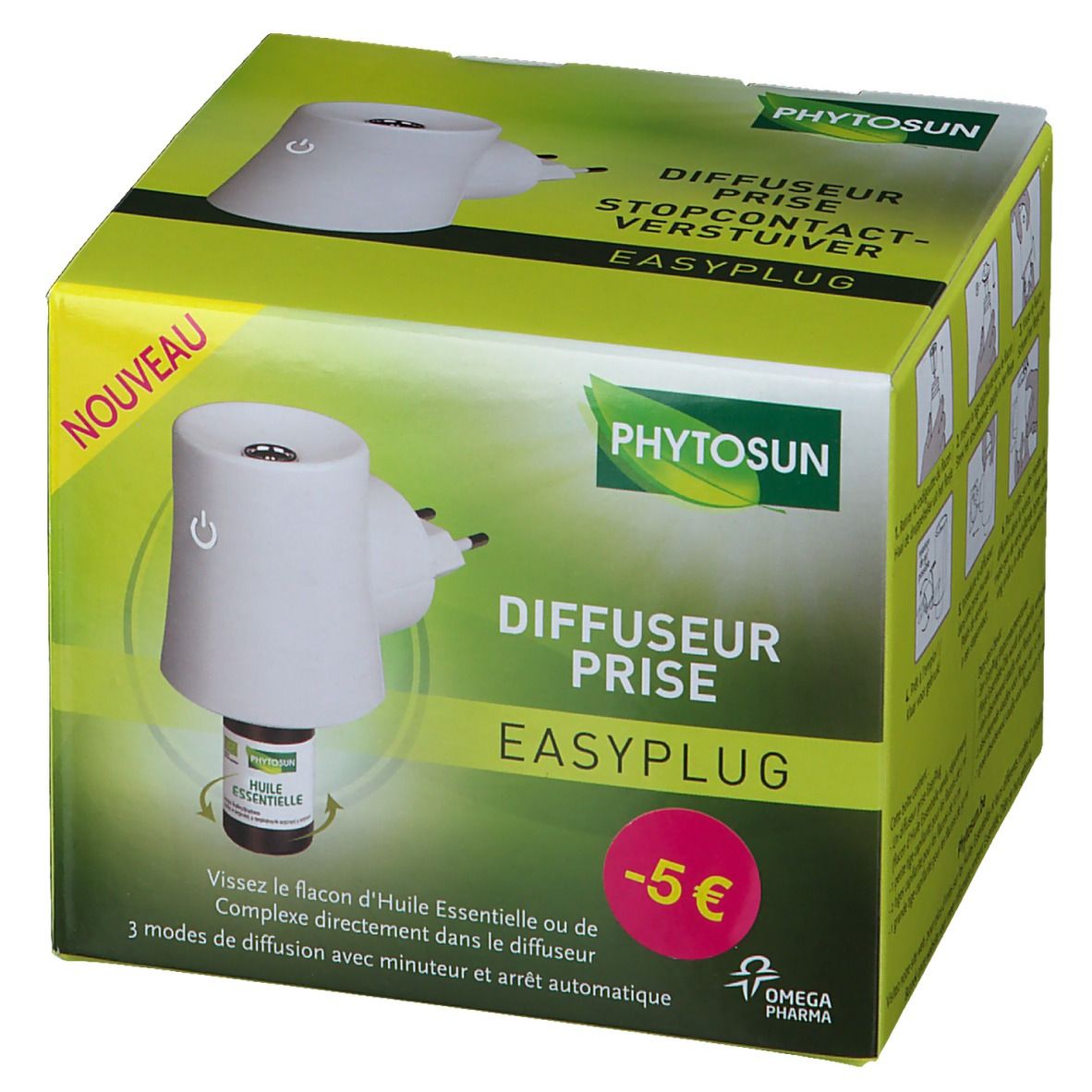 Boîte du diffuseur prise. Appareil blanc avec prise, flacon. Texte : "PHYTSOSUN", "EASYPLUG", "-5 €".