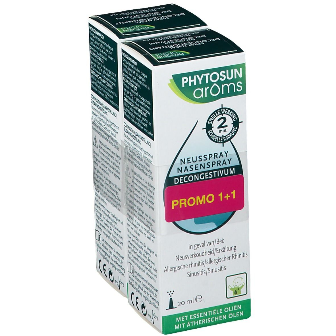 Deux boîtes de Phytosun Aroms Spray Nasal Décongestionnant. Promo 1+1. Contient des huiles essentielles. 20 ml. Pour rhume, rhinite allergique, rhinosinusite.
