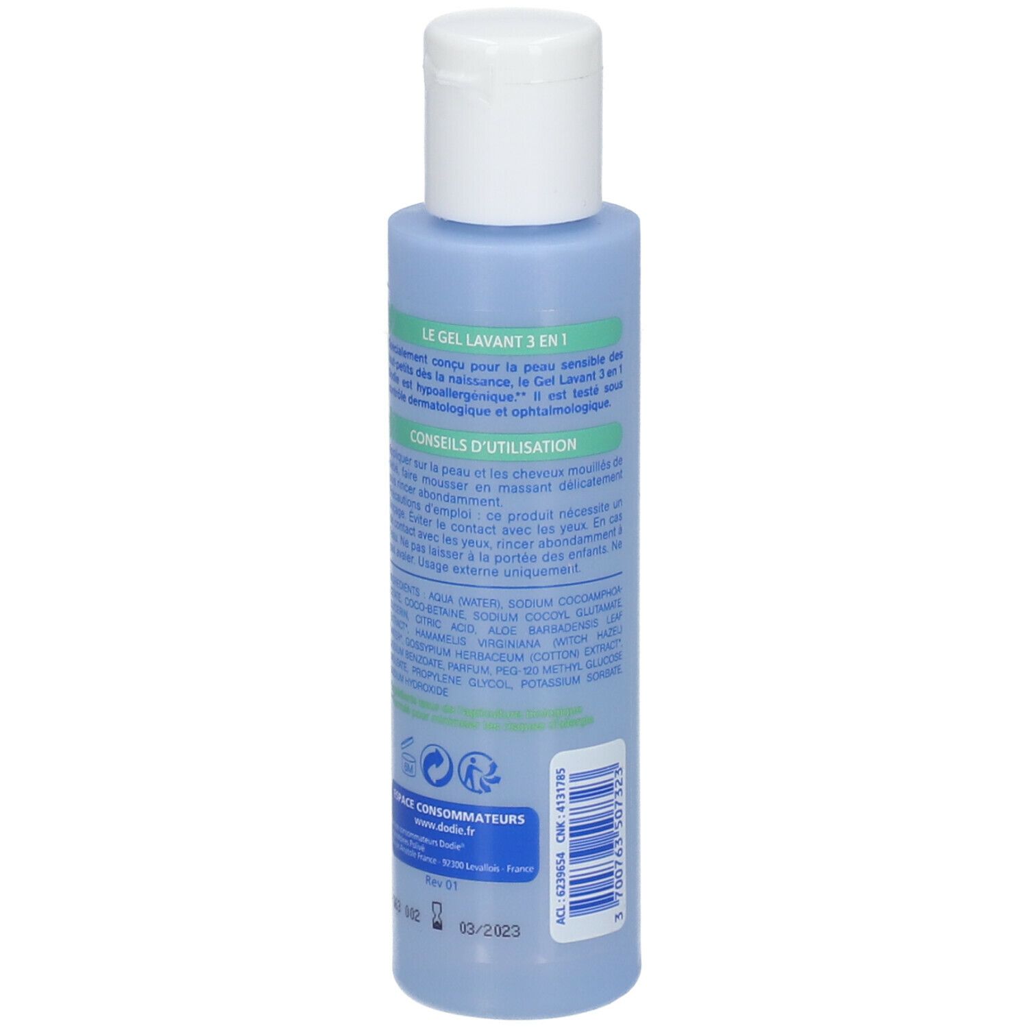 Achterkant van een lichtblauwe fles met witte dop. Tekst: Gel Lavant 3-in-1, ingrediënten, gebruiksaanwijzing. 75ml.