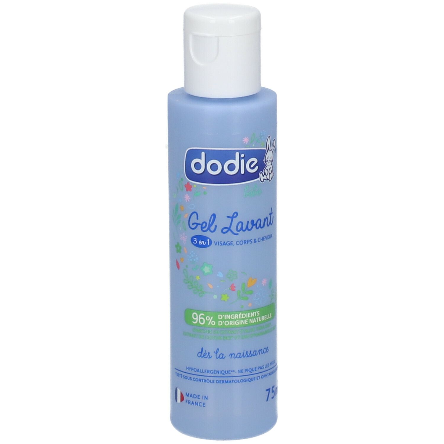 Lichtblauwe fles met witte dop. Opschrift: dodie®, Gel Lavant 3-in-1, 96% ingrediënten van natuurlijke oorsprong. 75ml.