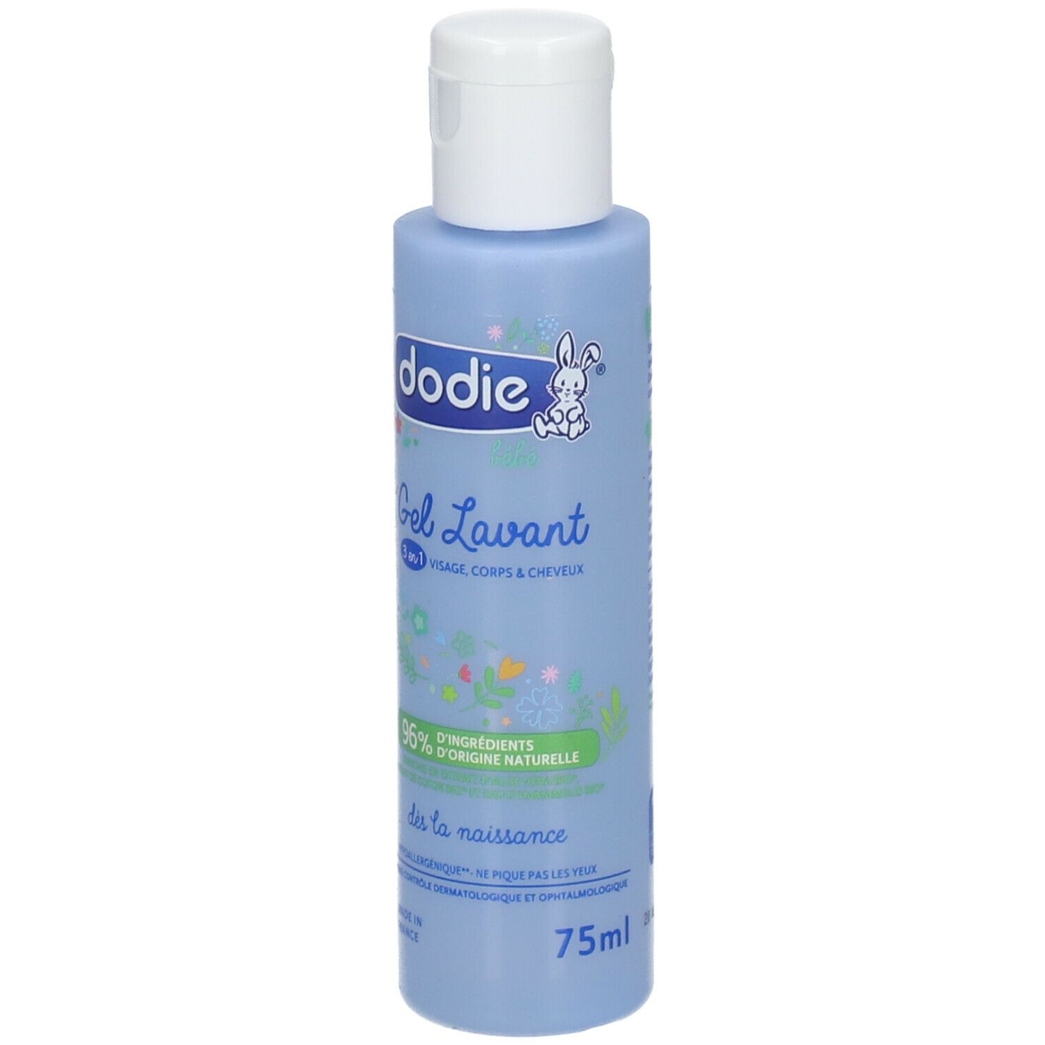 Lichtblauwe fles met witte dop. Opschrift: dodie®, Gel Lavant 3-in-1, 96% ingrediënten van natuurlijke oorsprong. 75ml.