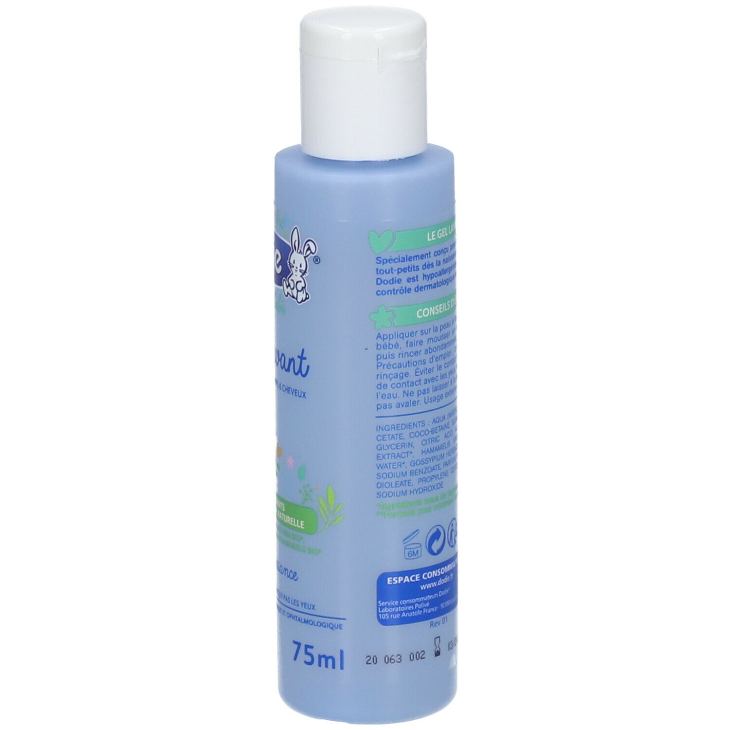 Achterkant van een lichtblauwe fles met witte dop. Tekst: Gel Lavant 3-in-1, ingrediënten, gebruiksaanwijzing. 75ml.