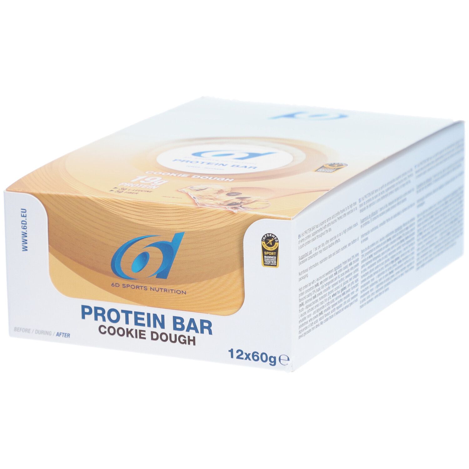Boîte de barres protéinées 6D Sports Nutrition Cookie Dough. 12 barres de 60g. Logo et nom du produit visibles.