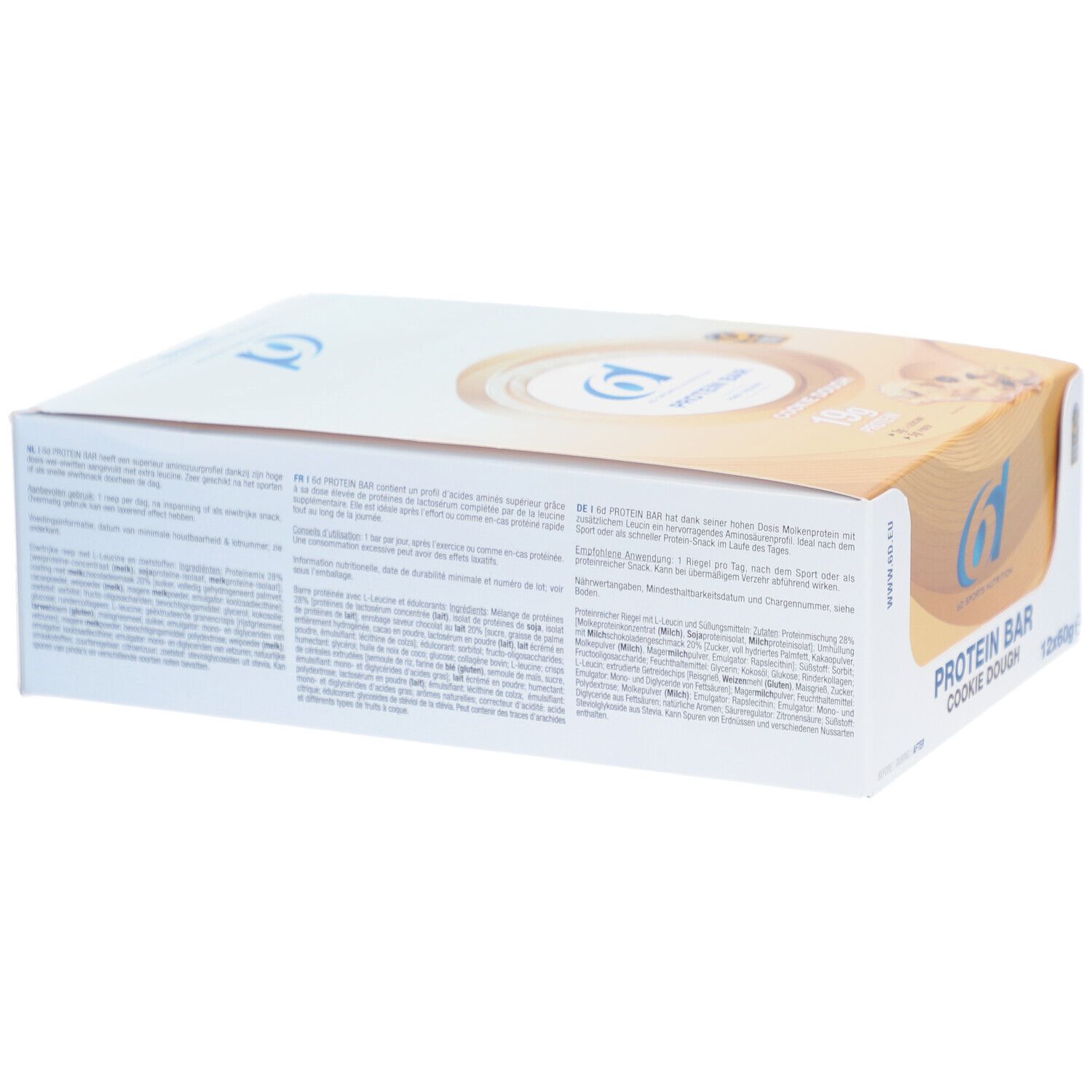 Dos de l'emballage de barres protéinées. Texte multilingue. Logo 6D Sports Nutrition. 12 barres.