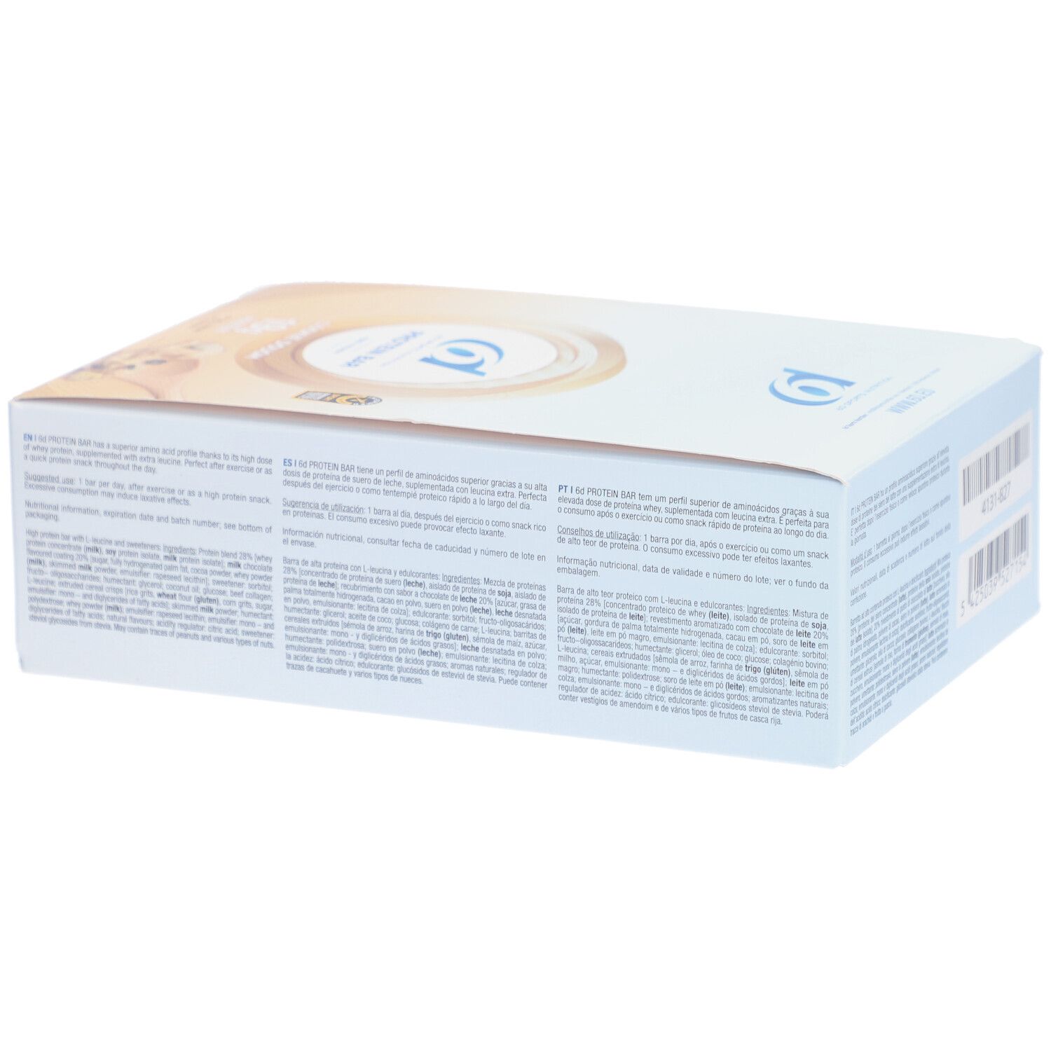 Dos de l'emballage de barres protéinées. Texte multilingue. Logo 6D Sports Nutrition. 12 barres.
