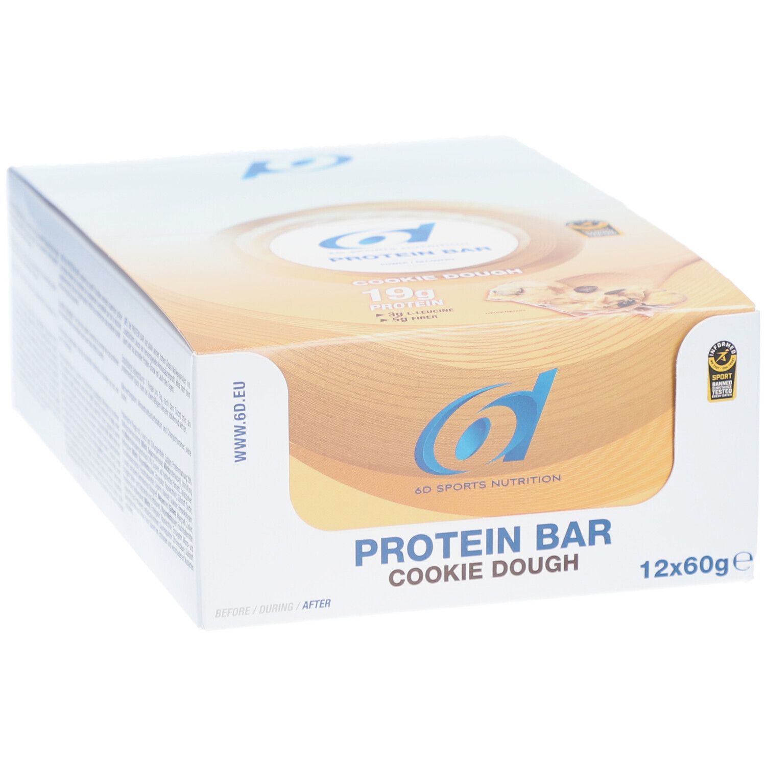 Boîte de barres protéinées 6D Sports Nutrition Cookie Dough. 12 barres de 60g. Logo et nom du produit visibles.