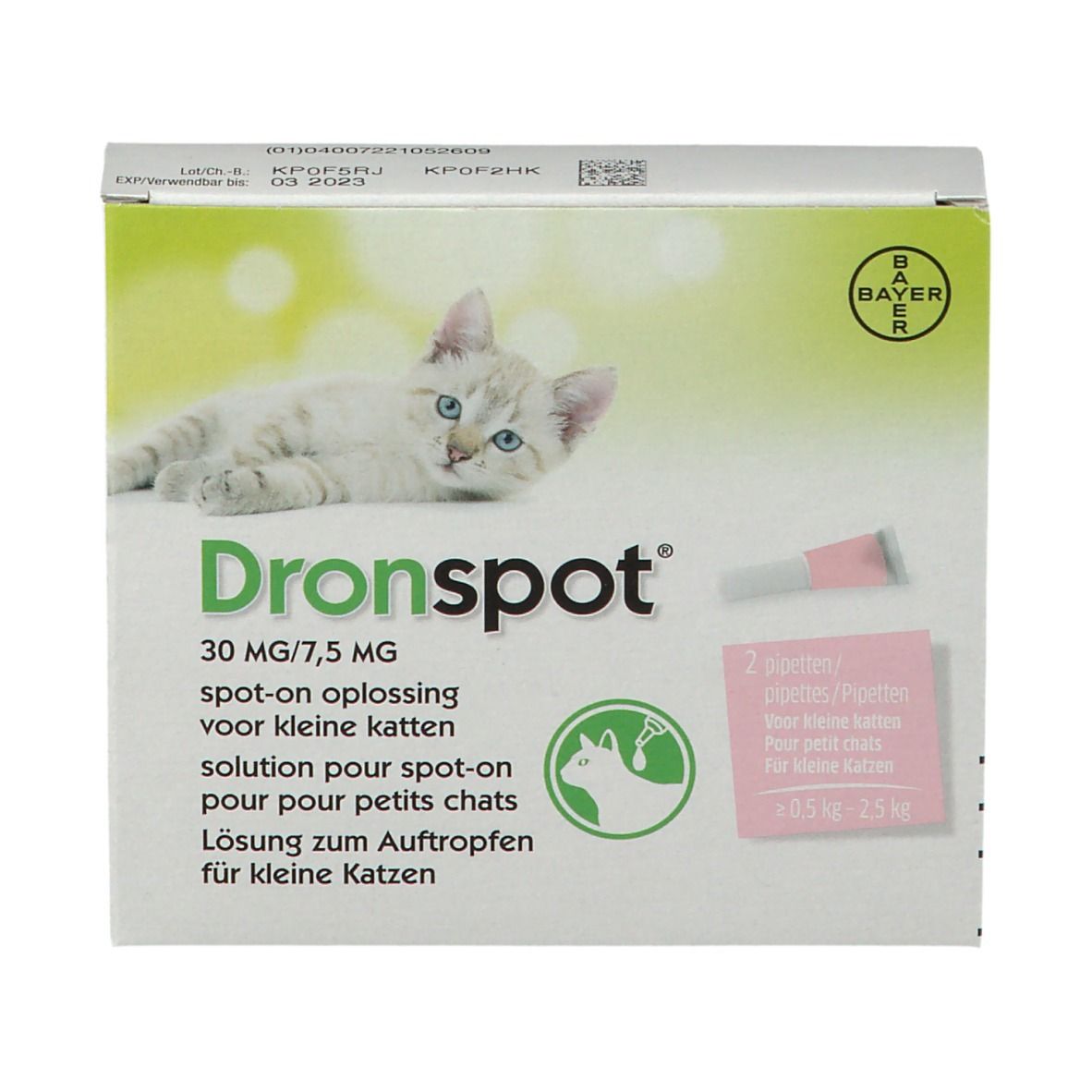Boîte Dronspot, chaton, 2 pipettes, logo Bayer. Solution spot-on pour petits chats.