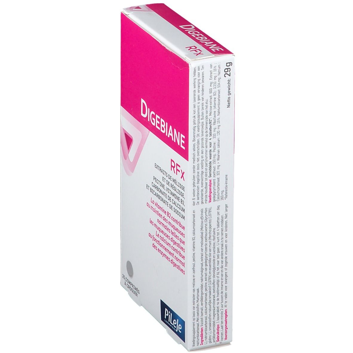 Vue latérale de la boîte Digebiane RFx. Rose et blanc. Ingrédients : extraits, vitamine B2, carbonate de calcium, bicarbonate de sodium. 20 comprimés. 29g.
