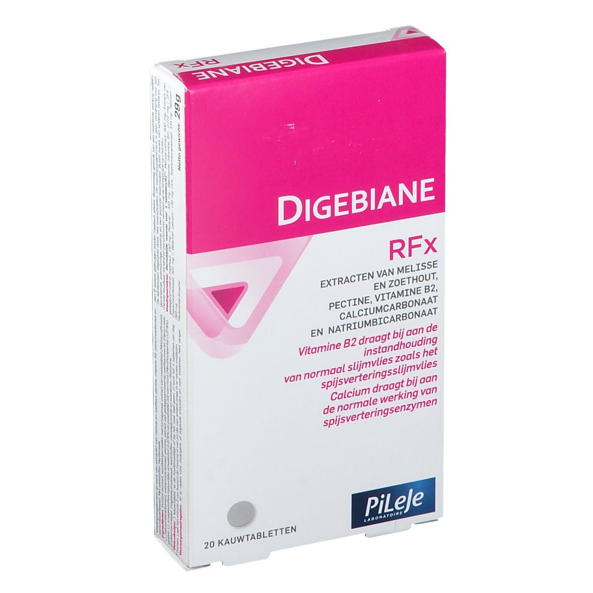 Boîte Digebiane RFx, rose et blanche. Ingrédients : extraits, vitamine B2, carbonate de calcium, bicarbonate de sodium. 20 comprimés à croquer. Pileje.