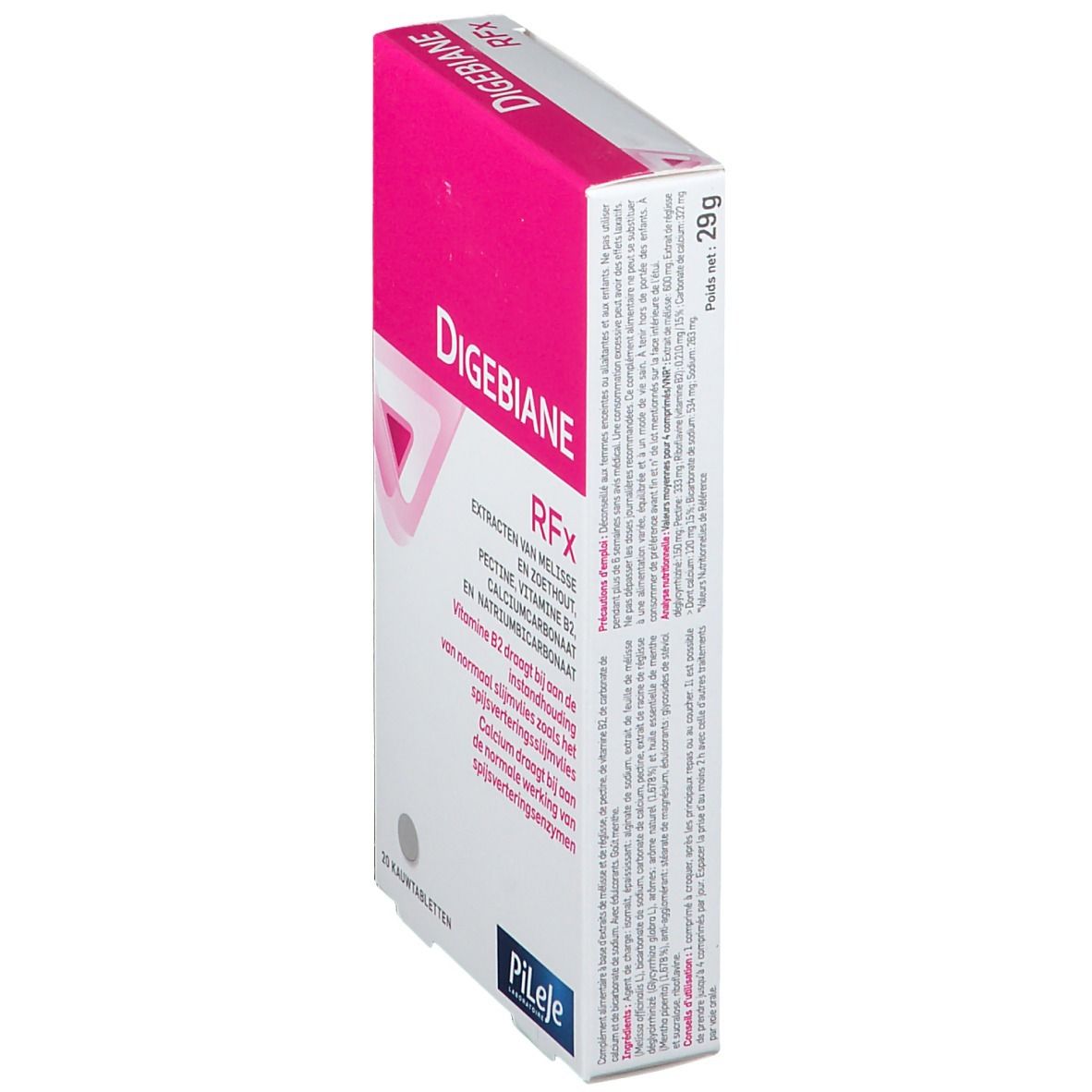 Vue latérale de la boîte Digebiane RFx. Ingrédients : extraits, vitamine B2, carbonate de calcium, bicarbonate de sodium. 20 comprimés. Pileje.
