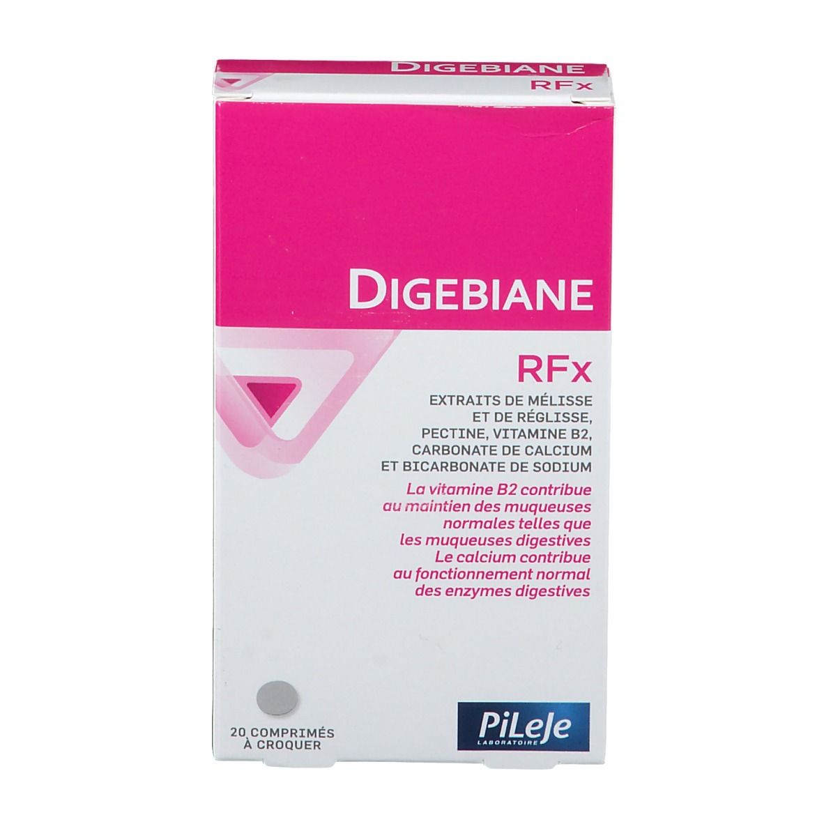Boîte Digebiane RFx, rose et blanche. Ingrédients : extraits, vitamine B2, carbonate de calcium, bicarbonate de sodium. 20 comprimés à croquer. Pileje.