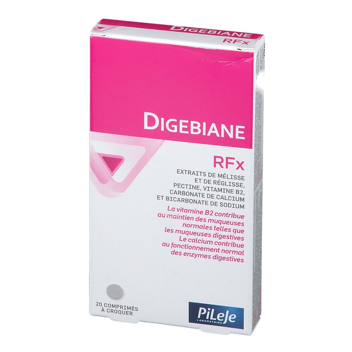 Boîte Digebiane RFx, rose et blanche. Ingrédients : extraits, vitamine B2, carbonate de calcium, bicarbonate de sodium. 20 comprimés à croquer. Pileje.