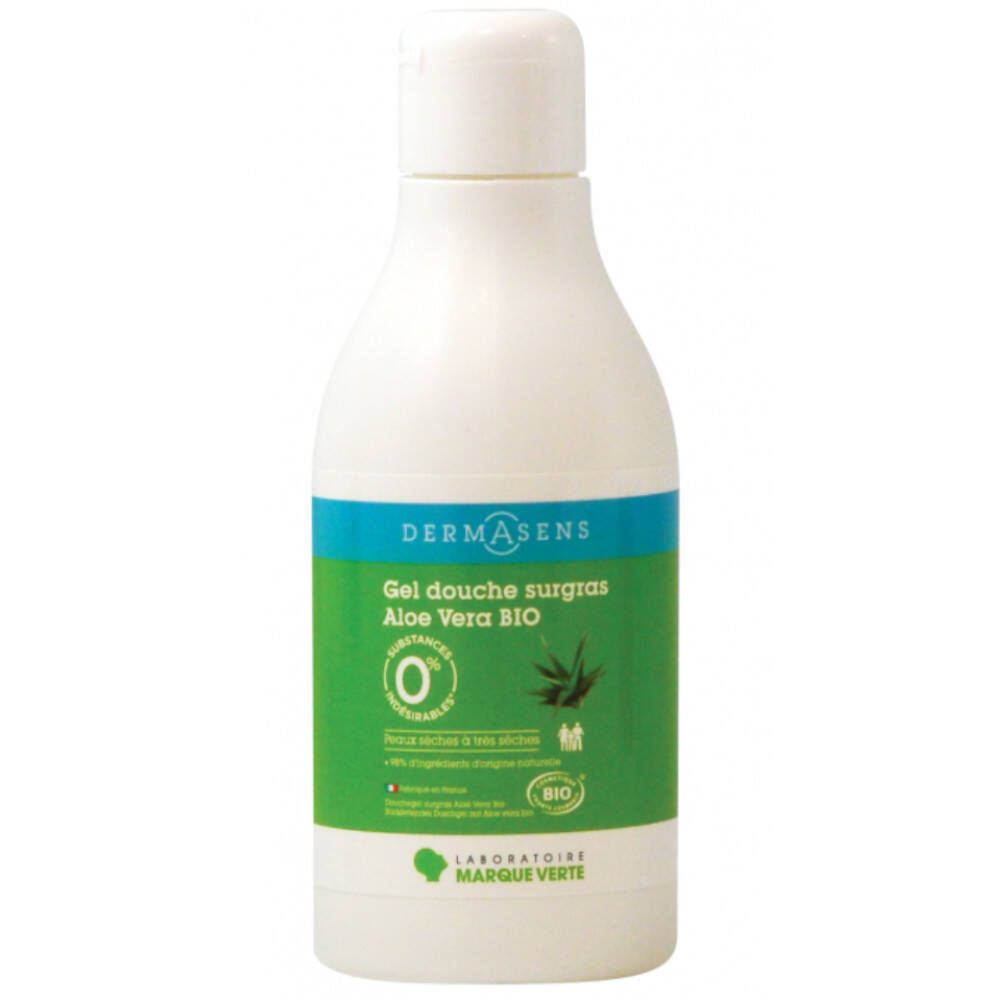Flacon blanc avec étiquette verte. Inscription: Dermasens, Gel douche surgras Aloe Vera BIO. Label bio.