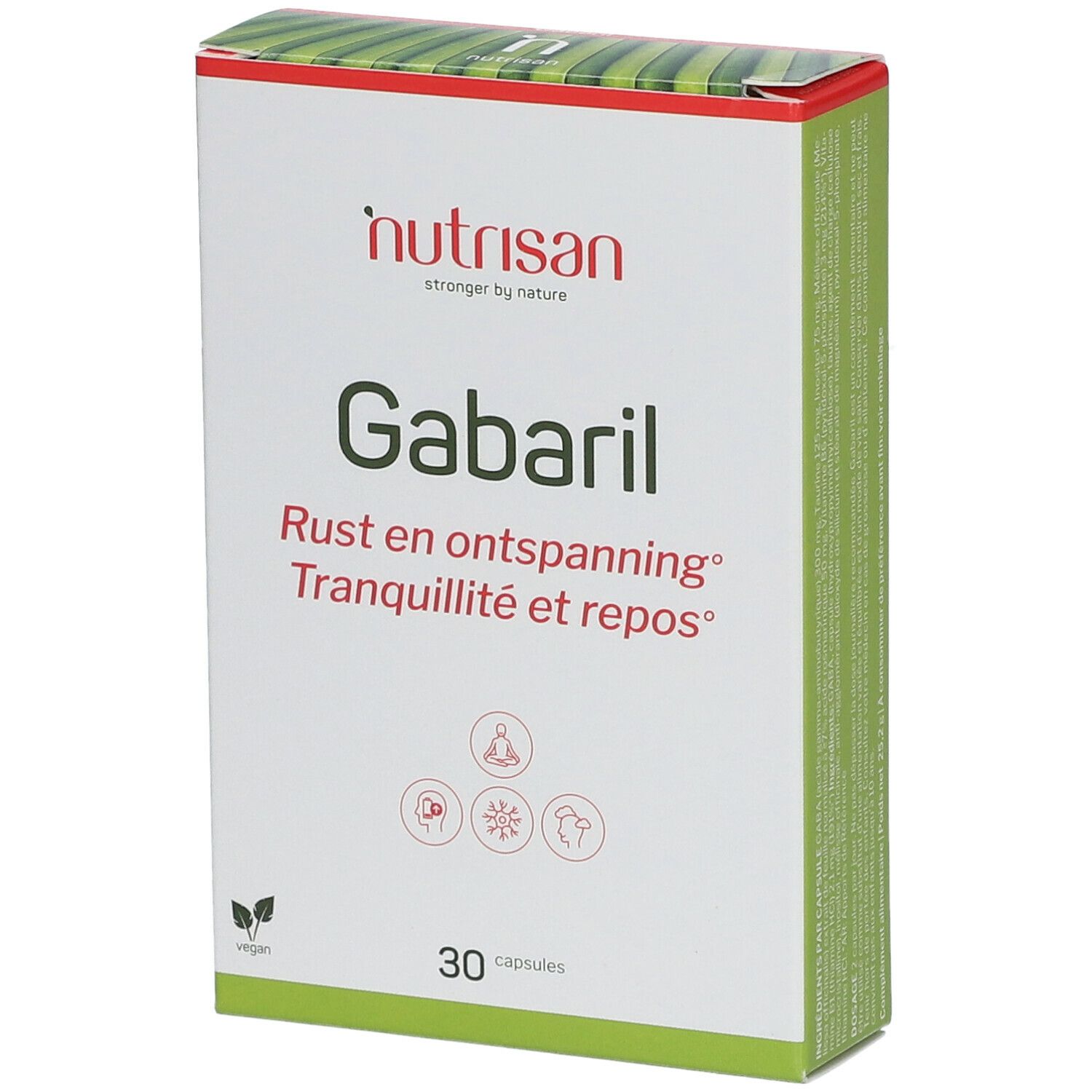 Boîte "nutrisan® Gabaril". Inscription : "Rust en ontspanning", "Tranquillité et repos". 30 gélules. Logo végan.