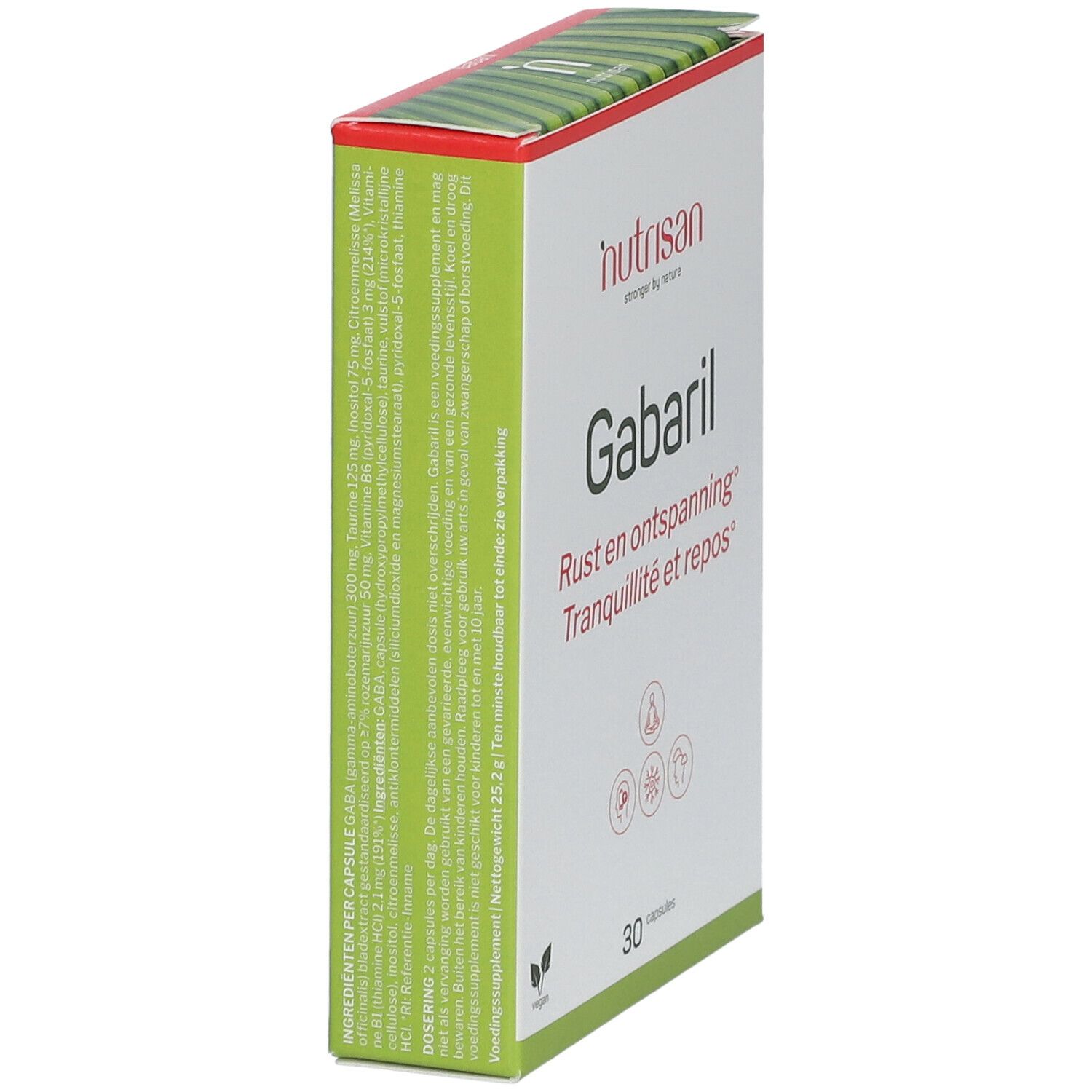 Boîte "nutrisan® Gabaril". Texte sur le côté. Inscription : "Rust en ontspanning", "Tranquillité et repos". 30 gélules. Logo végan.