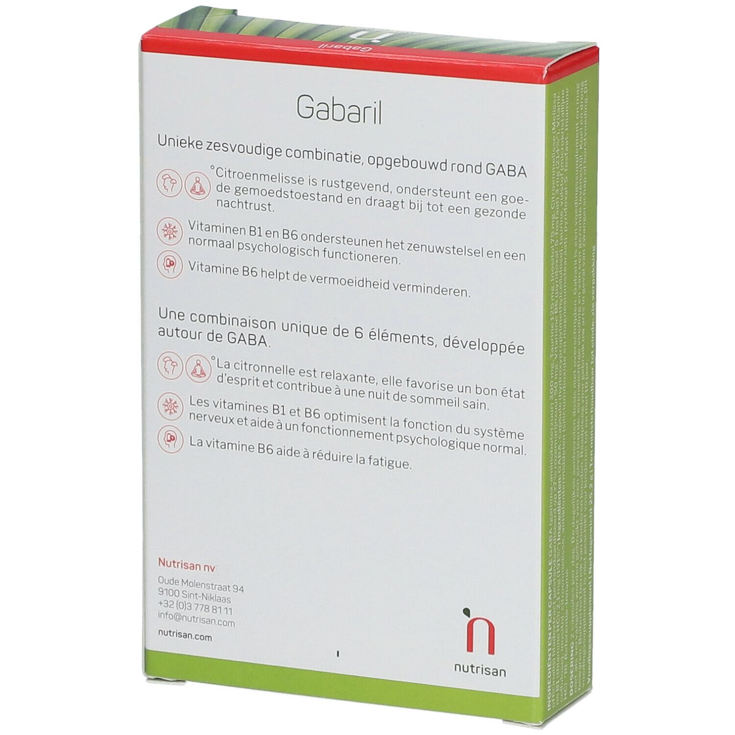Dos de la boîte "nutrisan® Gabaril". Texte en néerlandais et français. Logo "n" de nutrisan.