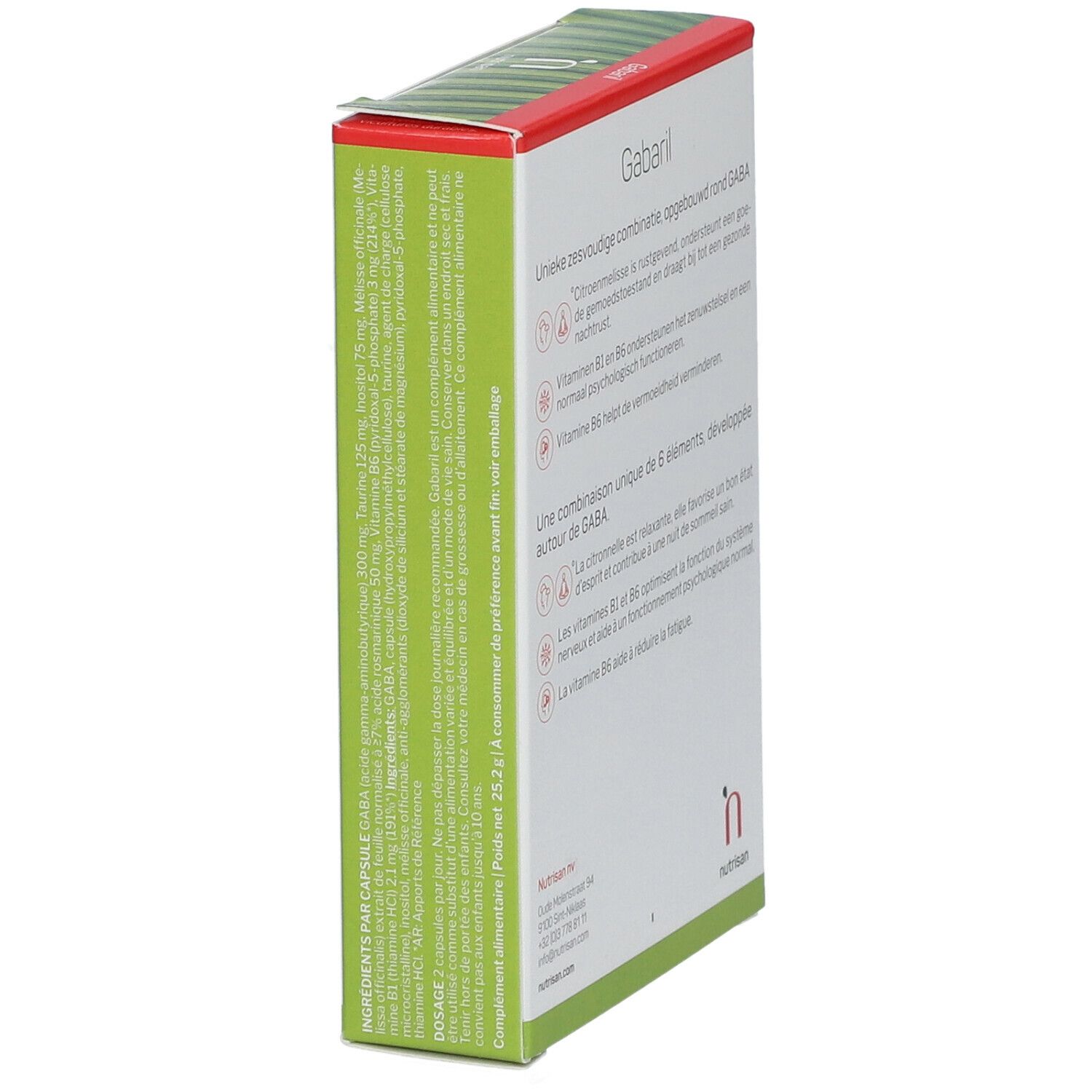 Côté de la boîte "nutrisan® Gabaril". Texte en néerlandais. Logo "n" de nutrisan.