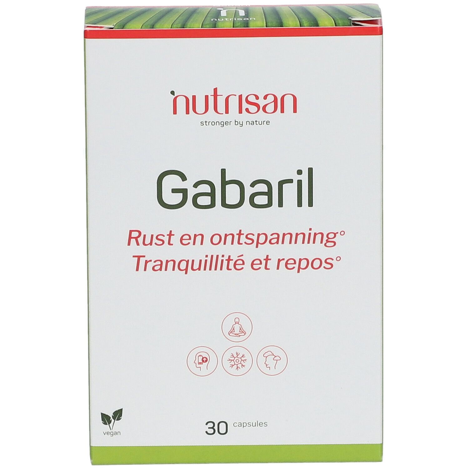 Boîte "nutrisan® Gabaril". Inscription : "Rust en ontspanning", "Tranquillité et repos". 30 gélules. Logo végan.