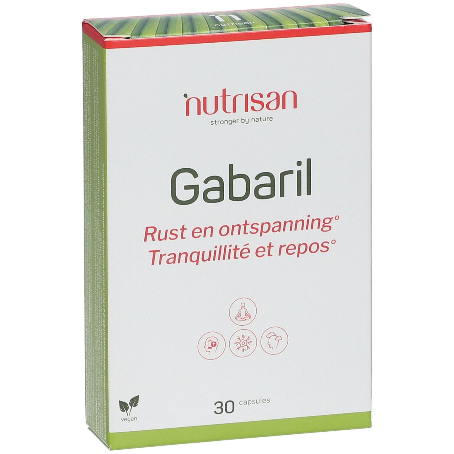 Boîte "nutrisan® Gabaril". Inscription : "Rust en ontspanning", "Tranquillité et repos". 30 gélules. Logo végan.