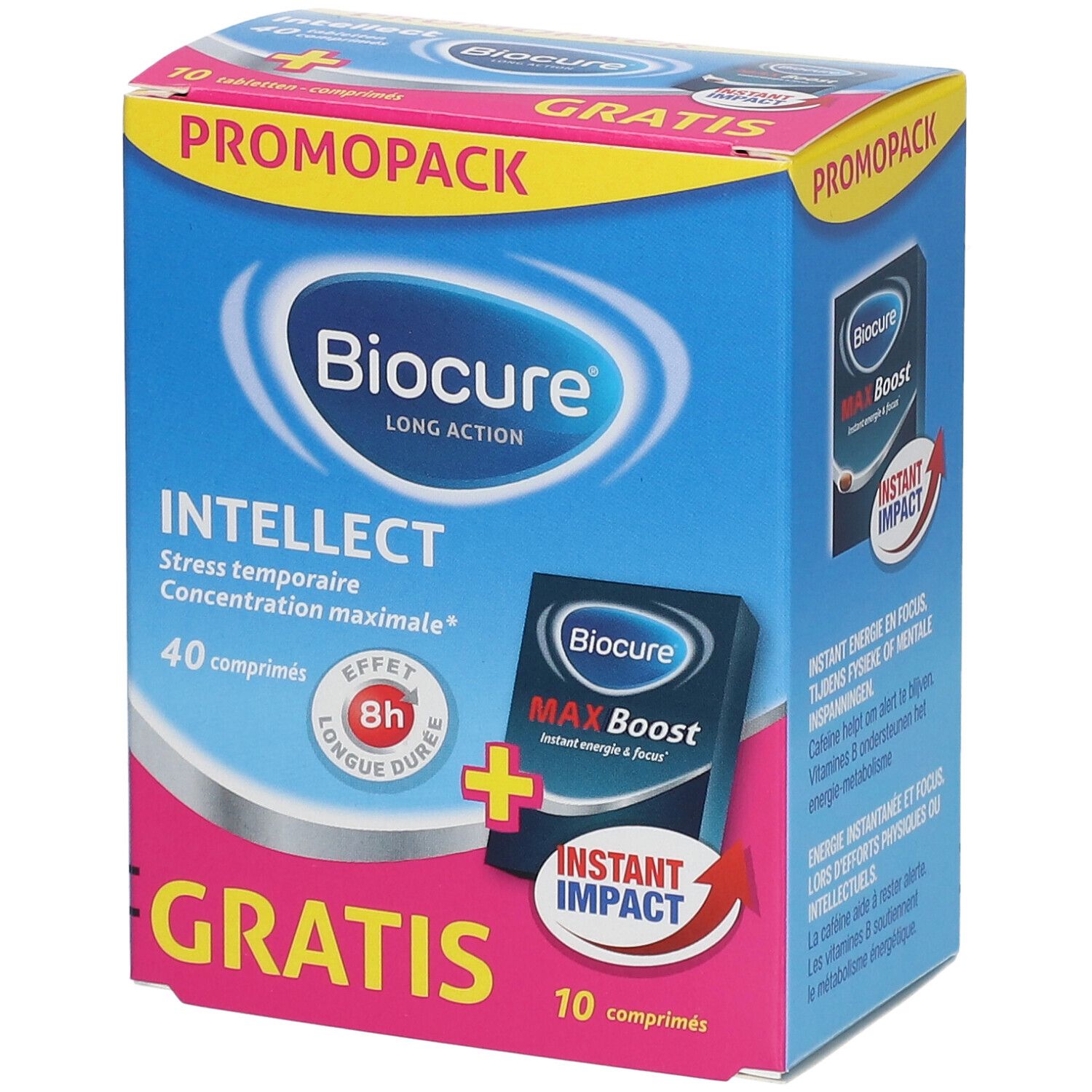 Boîte Biocure Intellect bleue et rose. Contient 40 comprimés et un pack Max Boost de 10 comprimés gratuits.
