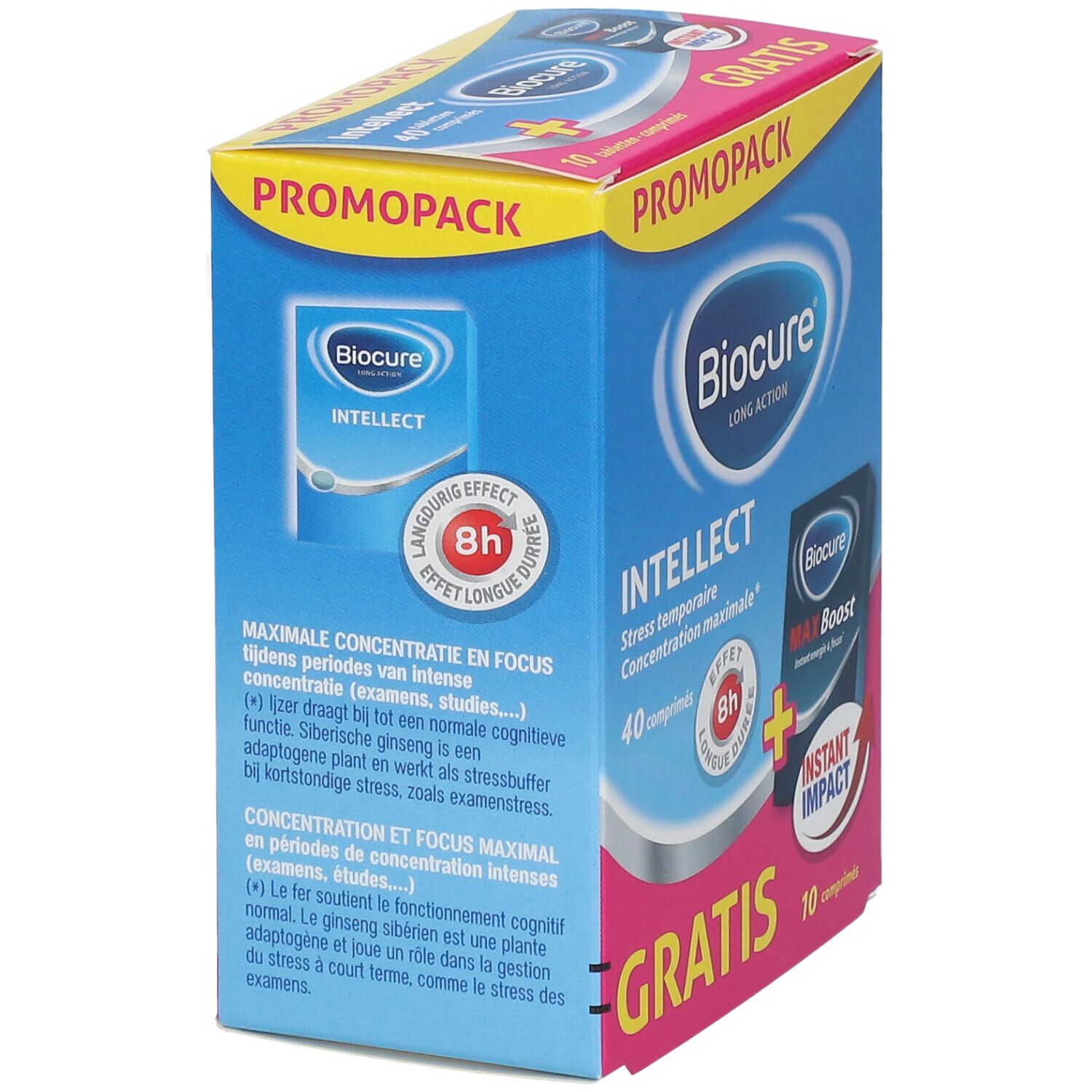 Boîte Biocure Intellect bleue et rose en biais. Contient 40 comprimés et un pack Max Boost de 10 comprimés.