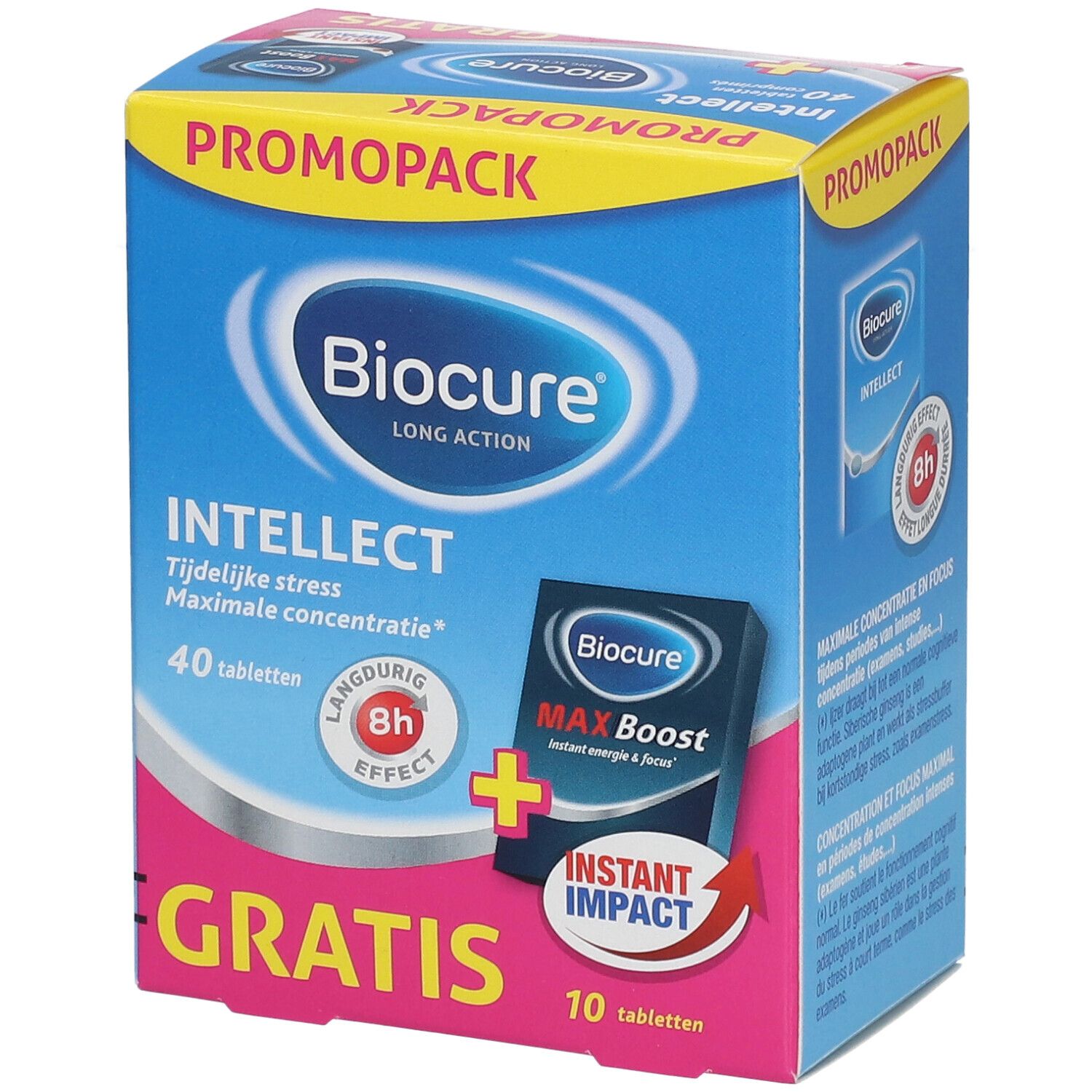 Boîte Biocure Intellect bleue et rose avec 40 comprimés et un pack Max Boost de 10 comprimés gratuits.