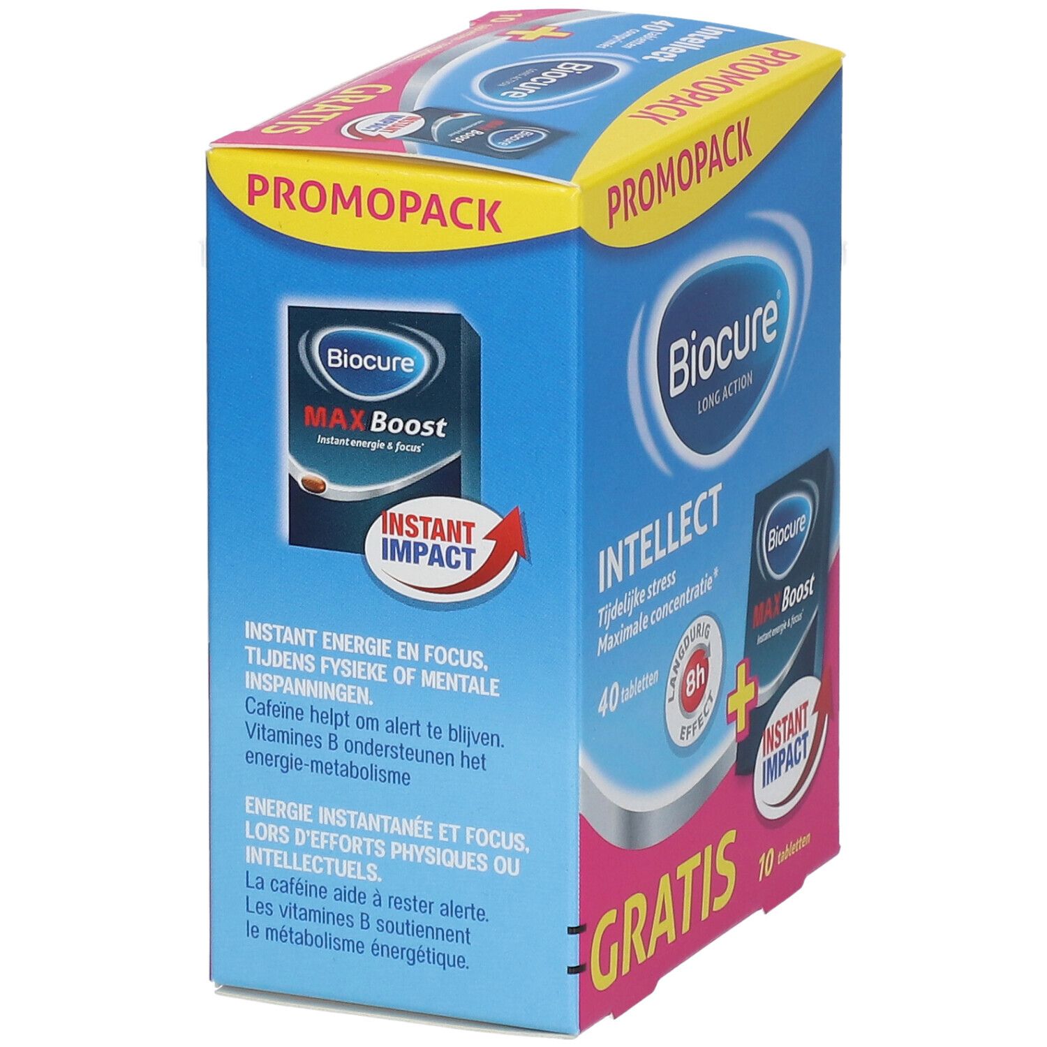 Boîte Biocure Intellect en biais. Contient 40 comprimés et un pack Max Boost de 10 comprimés gratuits.