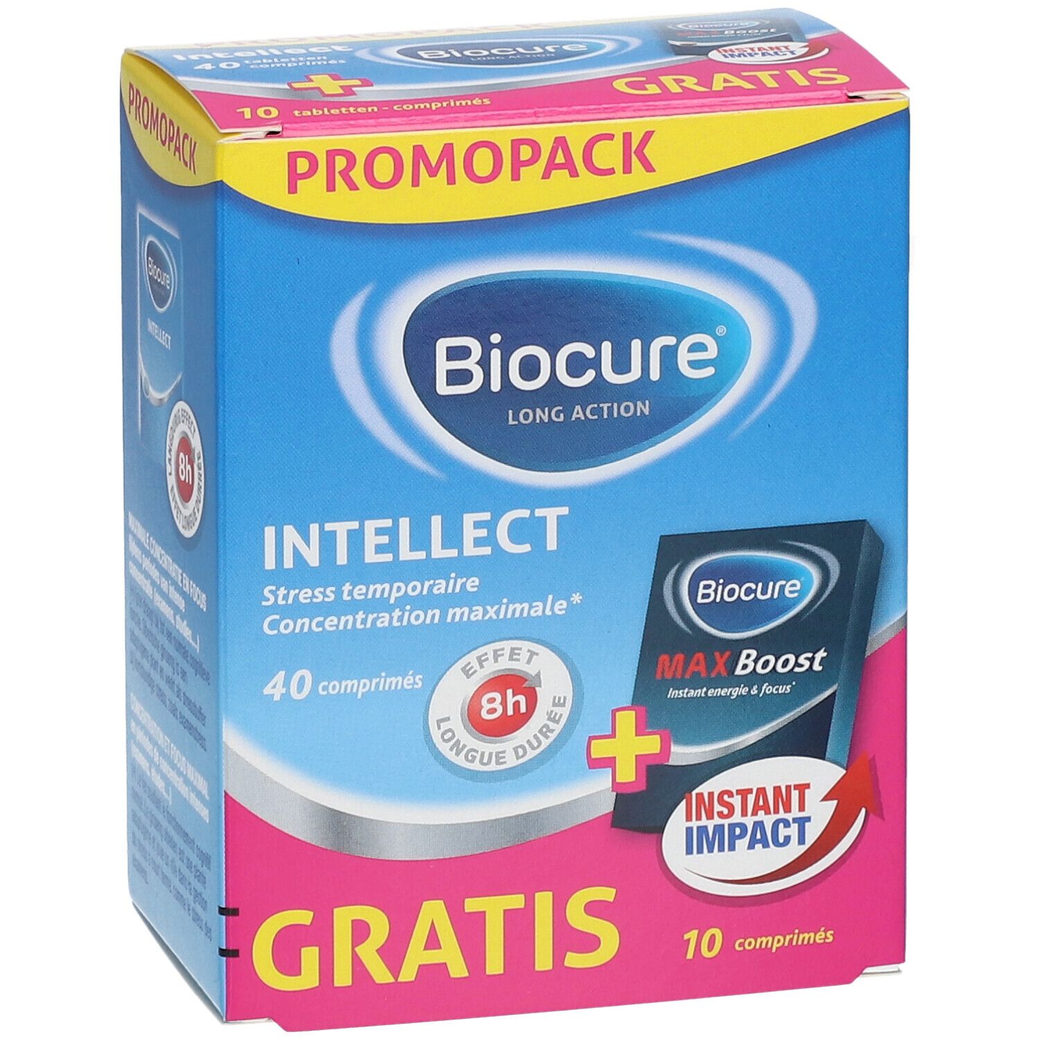 Boîte Biocure Intellect bleue et rose avec 40 comprimés et un pack Max Boost de 10 comprimés gratuits.