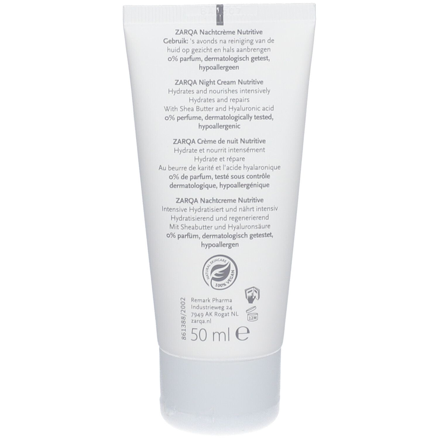 Rückseite der ZARQA Nachtcrème Nutritive Tube. Text in mehreren Sprachen. Enthält Informationen zu Inhaltsstoffen und Zertifizierungen.