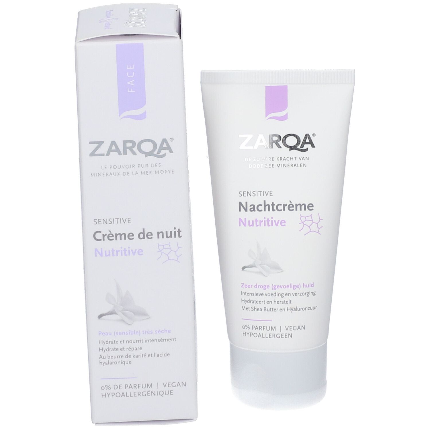 ZARQA Sensitive Crème de nuit Nutritive, Tube und Schachtel. Weiß mit lila Akzenten. Text: Sensitive Crème de nuit Nutritive, 0% Parfum.